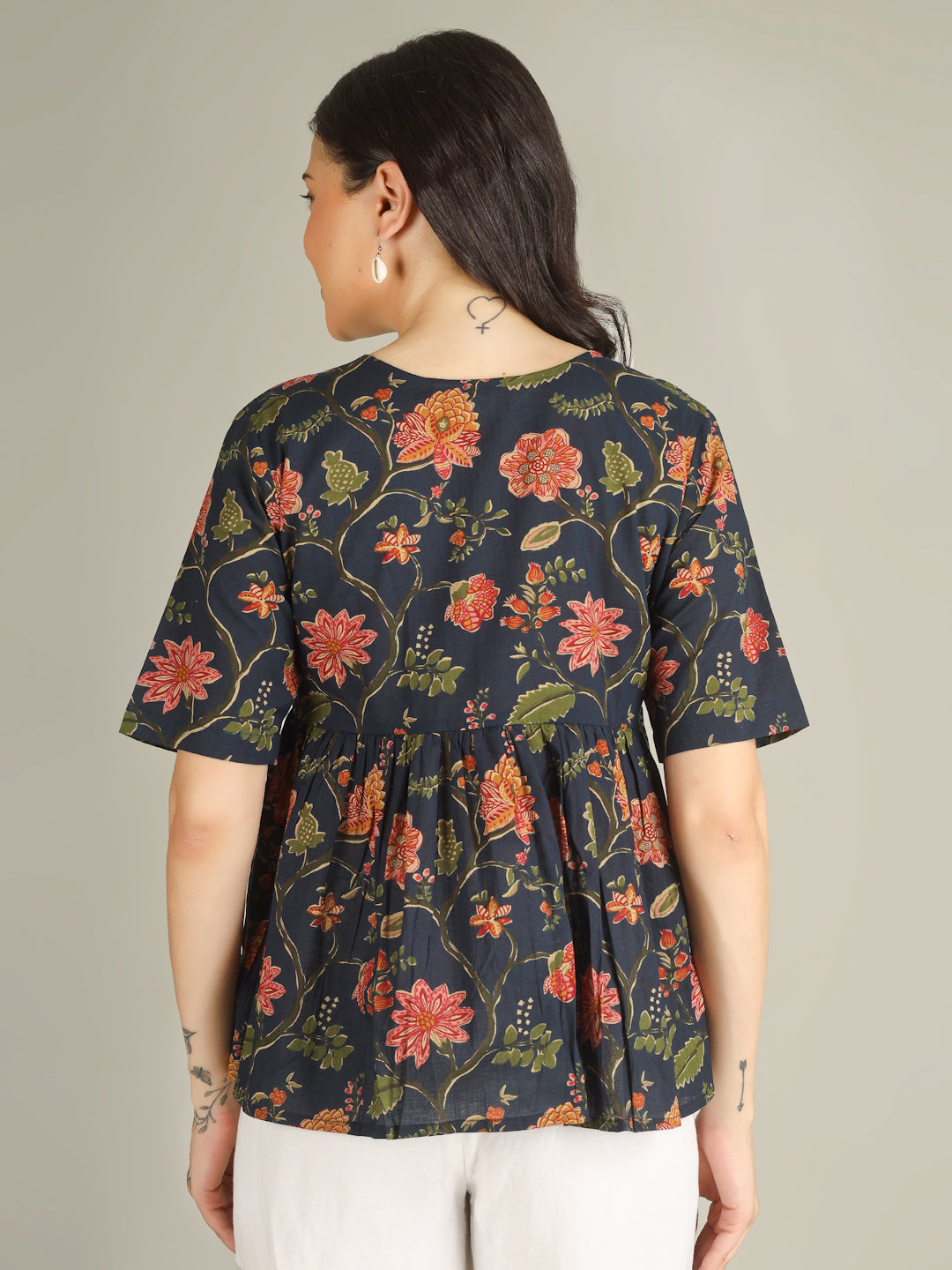 Navy Blue Printed Half-Sleeve Alia-Cut Cotton Top