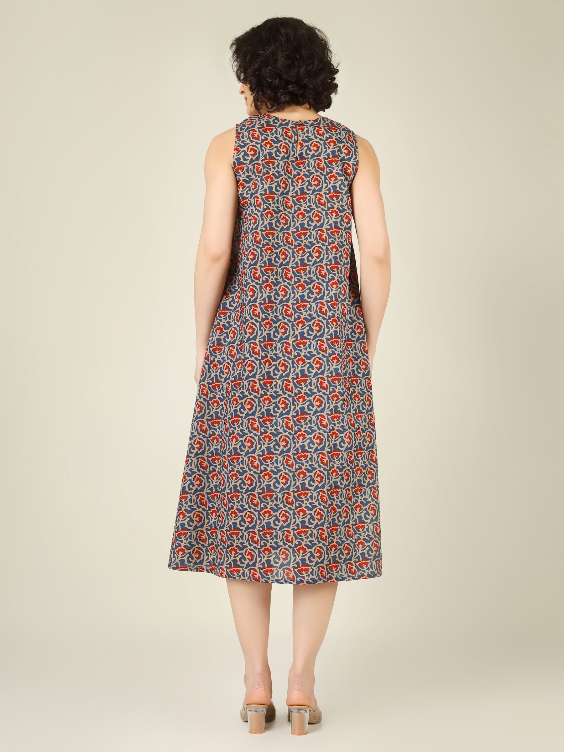 Blue Printed Sleeveless A-Line Cotton Dress