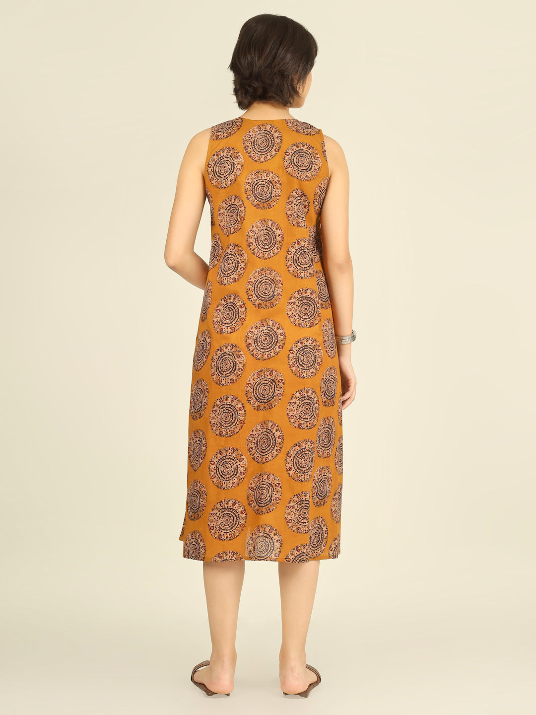 Mustard Printed V-Neck Sleeveless A-Line Cotton Dress