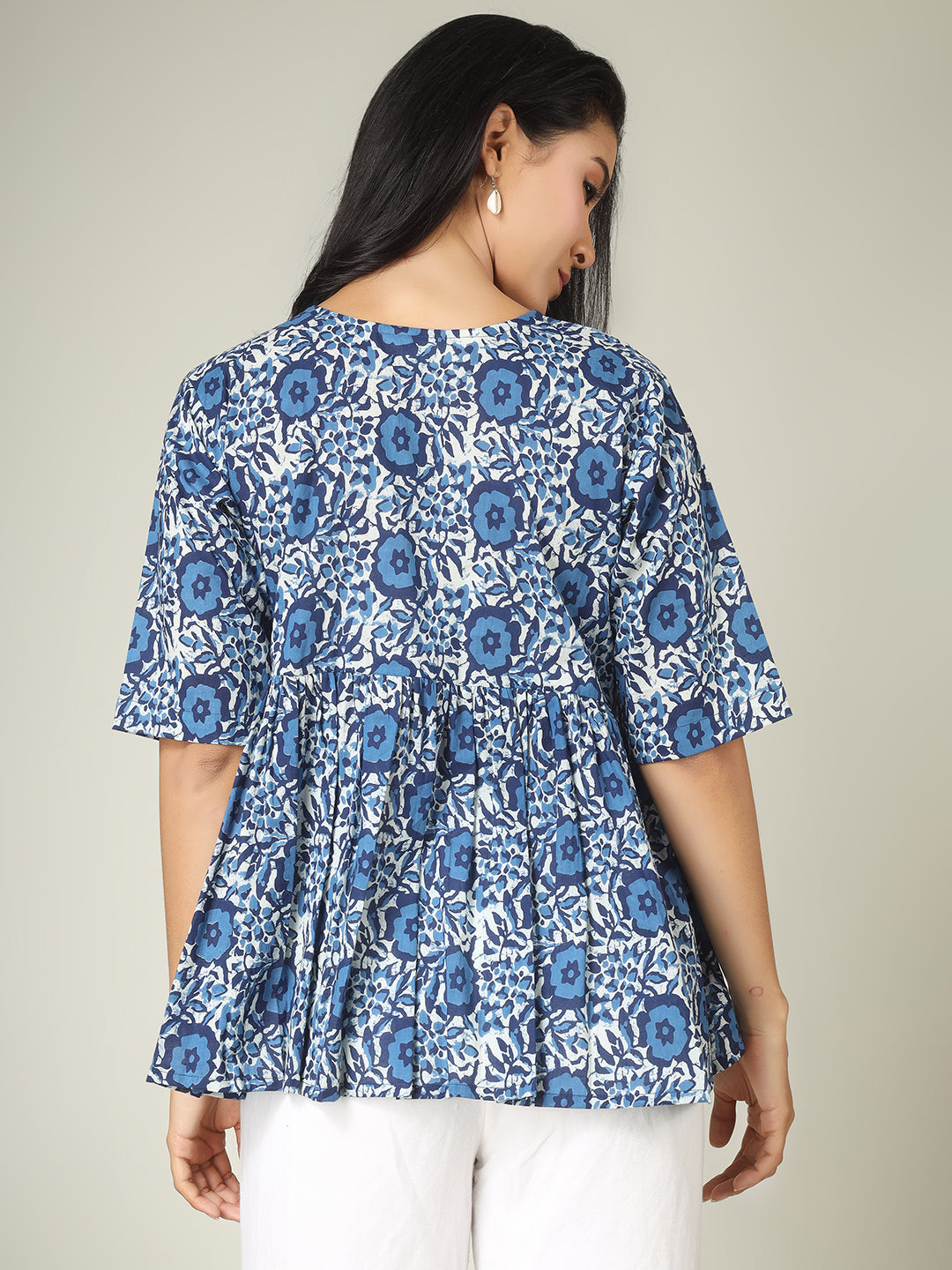 Blue Printed Half-Sleeve Alia-Cut Cotton Peplum Top