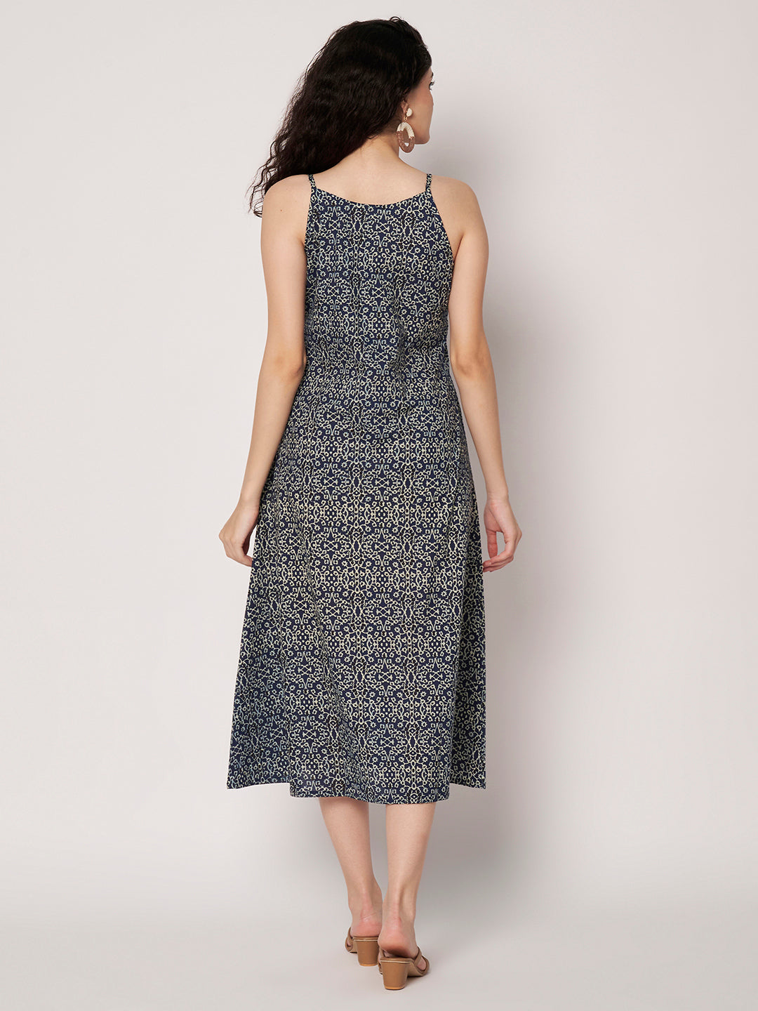 Blue Printed Sleeveless A-Line Cotton Dress