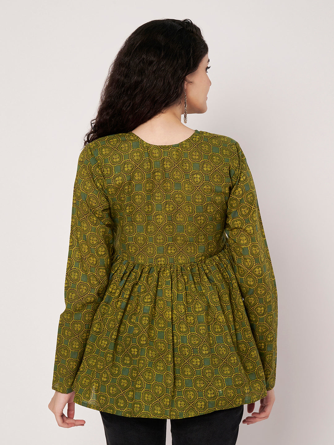 Green Printed Alia-Cut Cotton Top