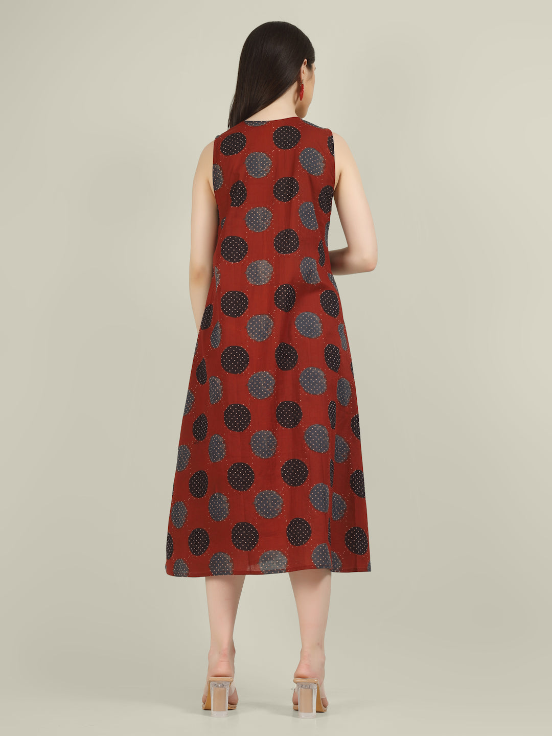 Maroon Printed V-Neck Sleeveless A-Line Cotton Dress