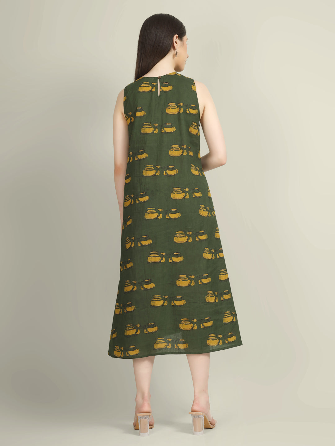 Green Printed Sleeveless A-Line Cotton Dress