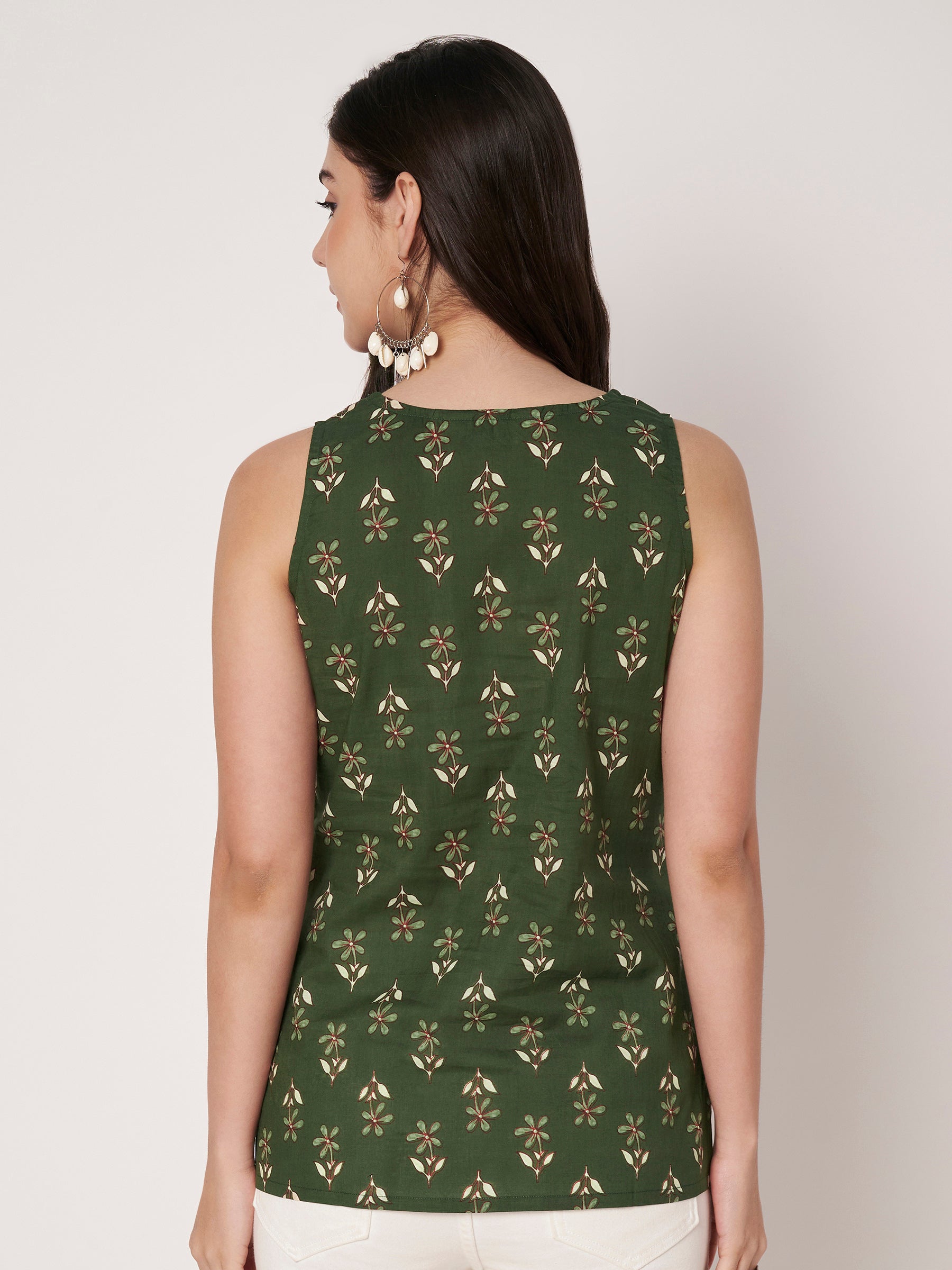 Green Printed Sleeveless V-Neck Cotton Top