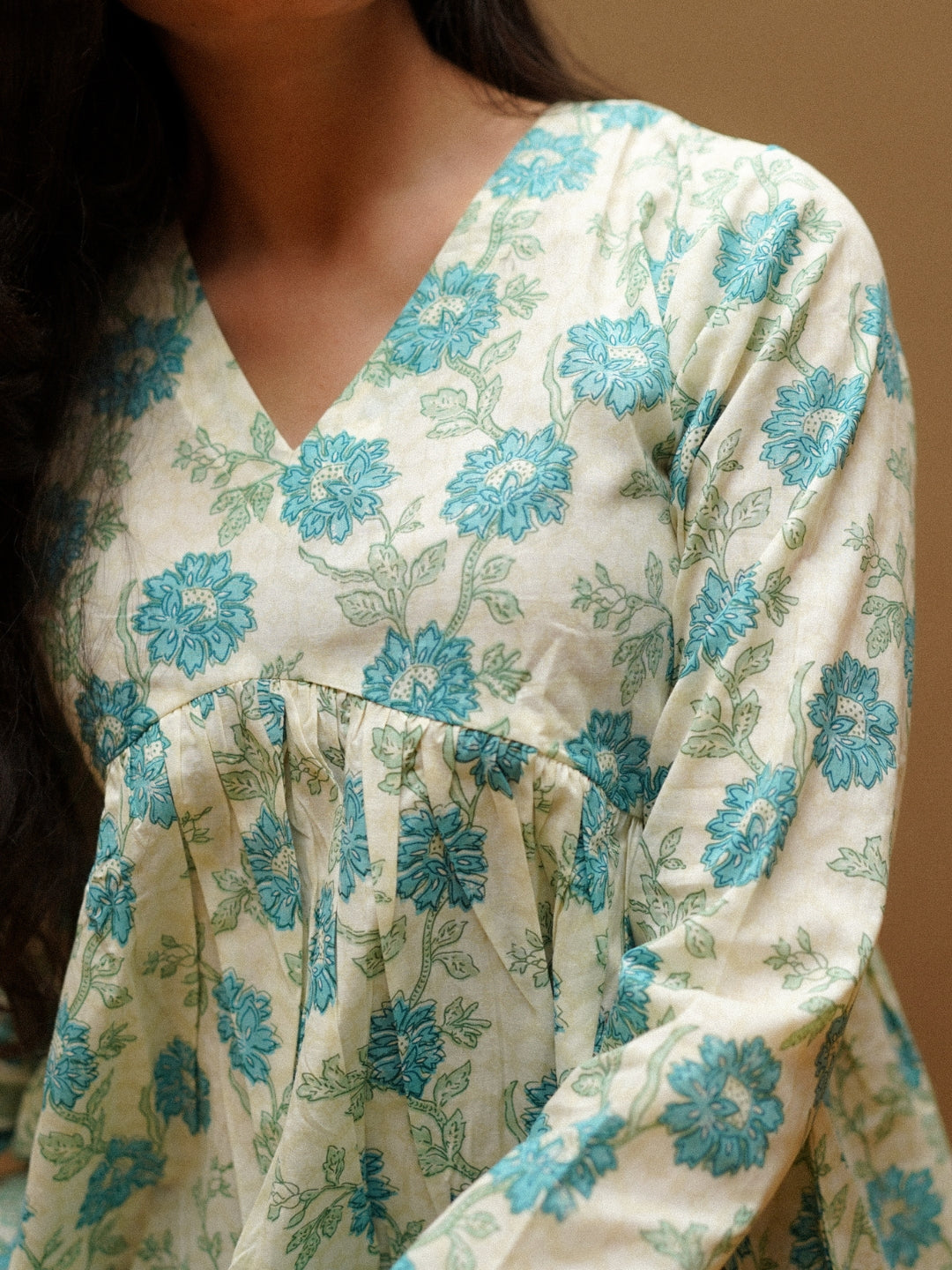 White Printed Full Sleeves Alia Cut Cotton Top