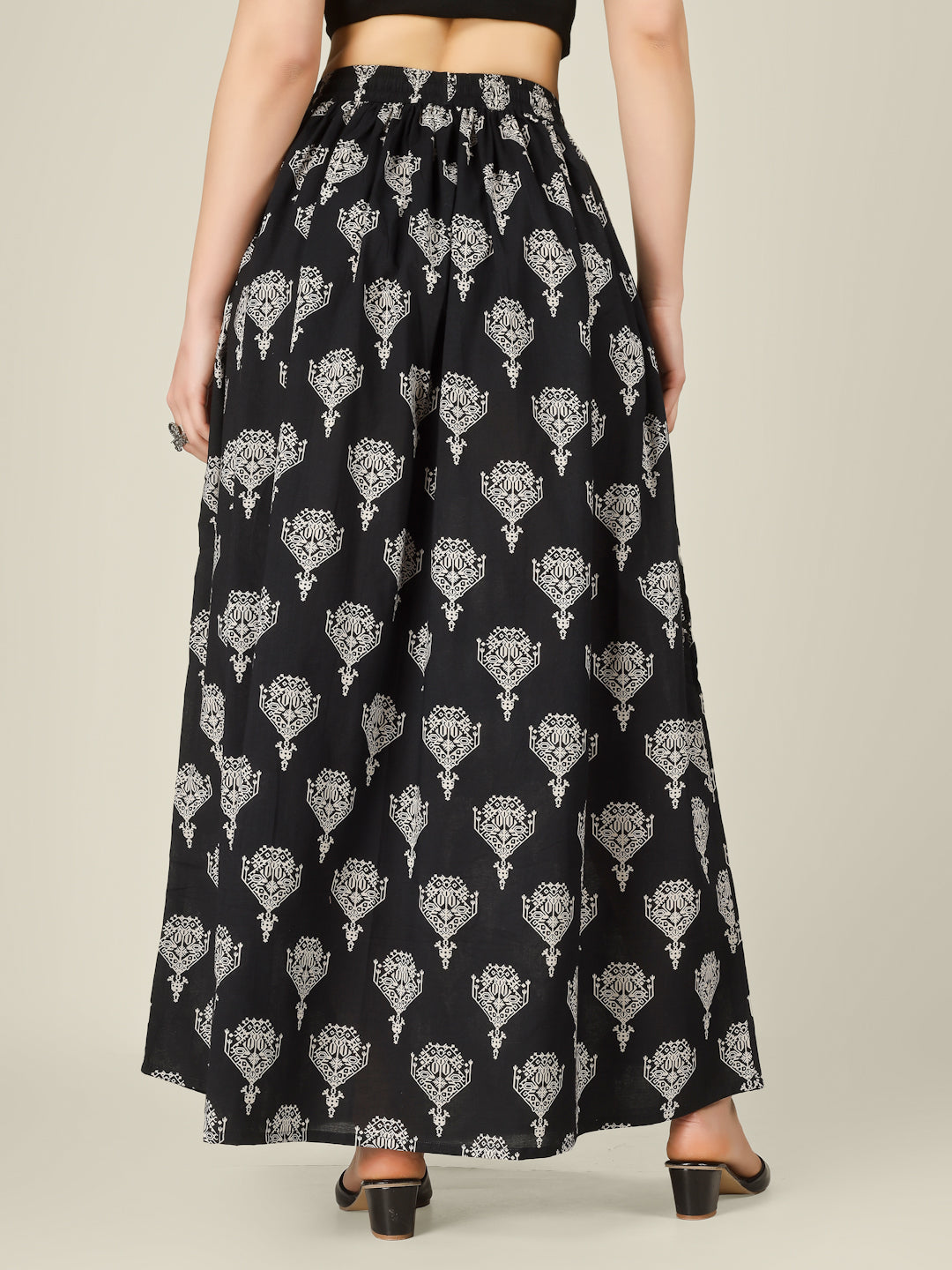 Black Printed Cotton Maxi Skirt