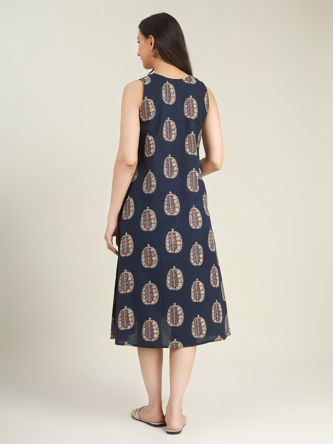 Blue Printed Sleeveless V-Neck A-Line Cotton Dress
