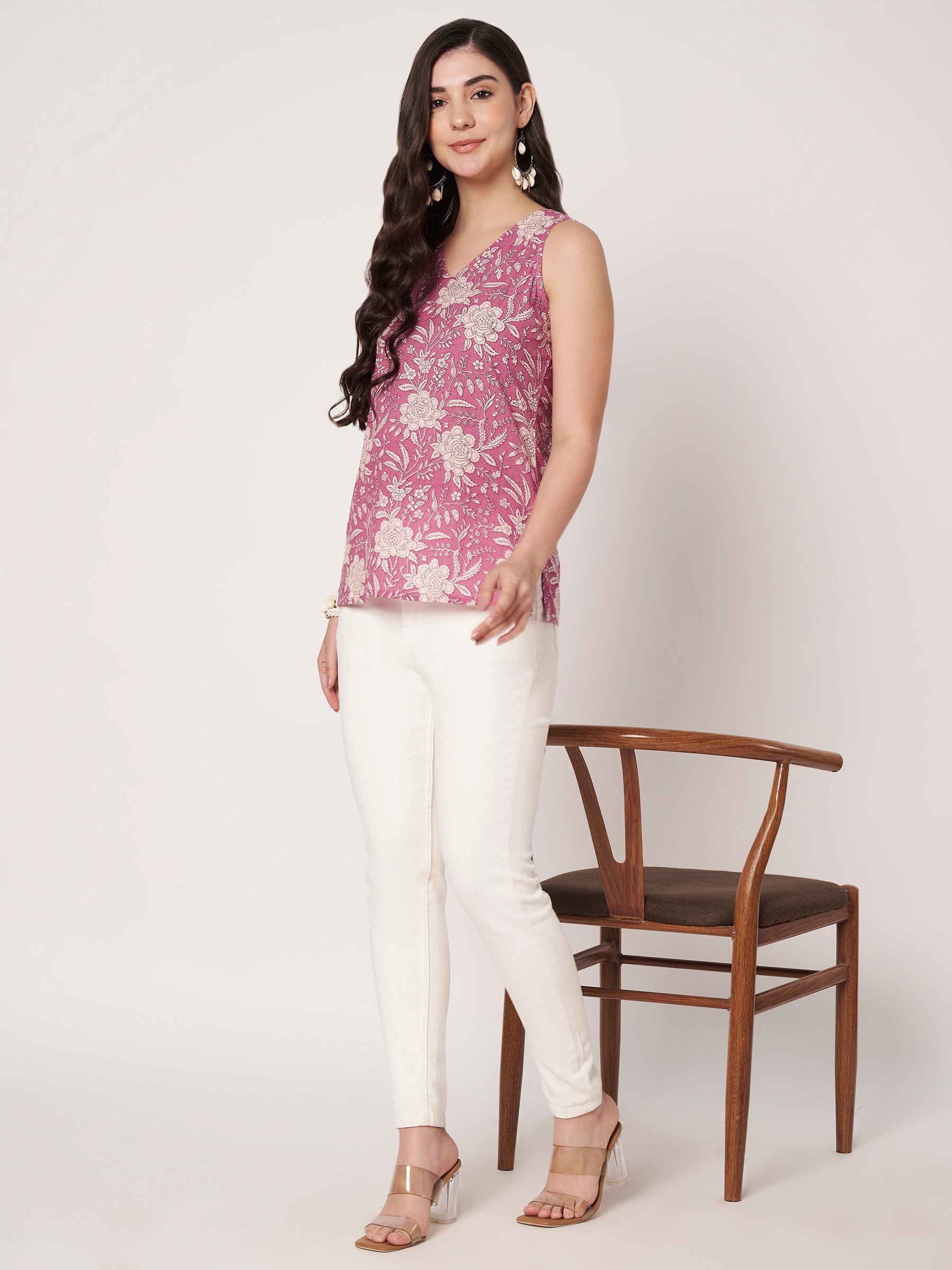 Pink Printed Sleeveless V-Neck Cotton Top