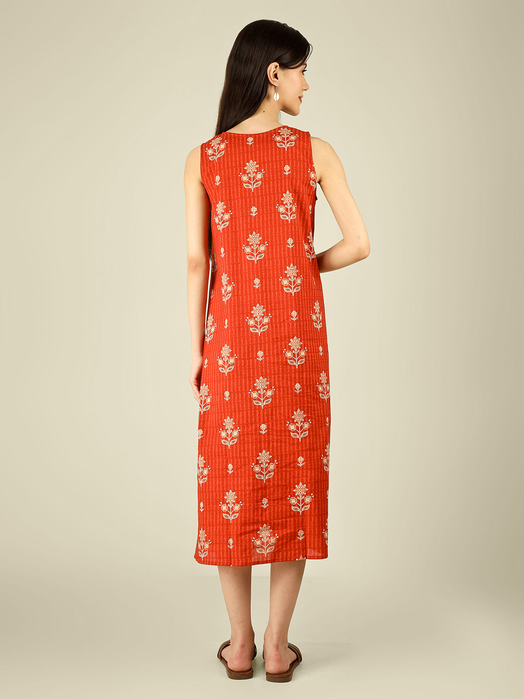 Orange Printed V-Neck Sleeveless A-Line Cotton Dress