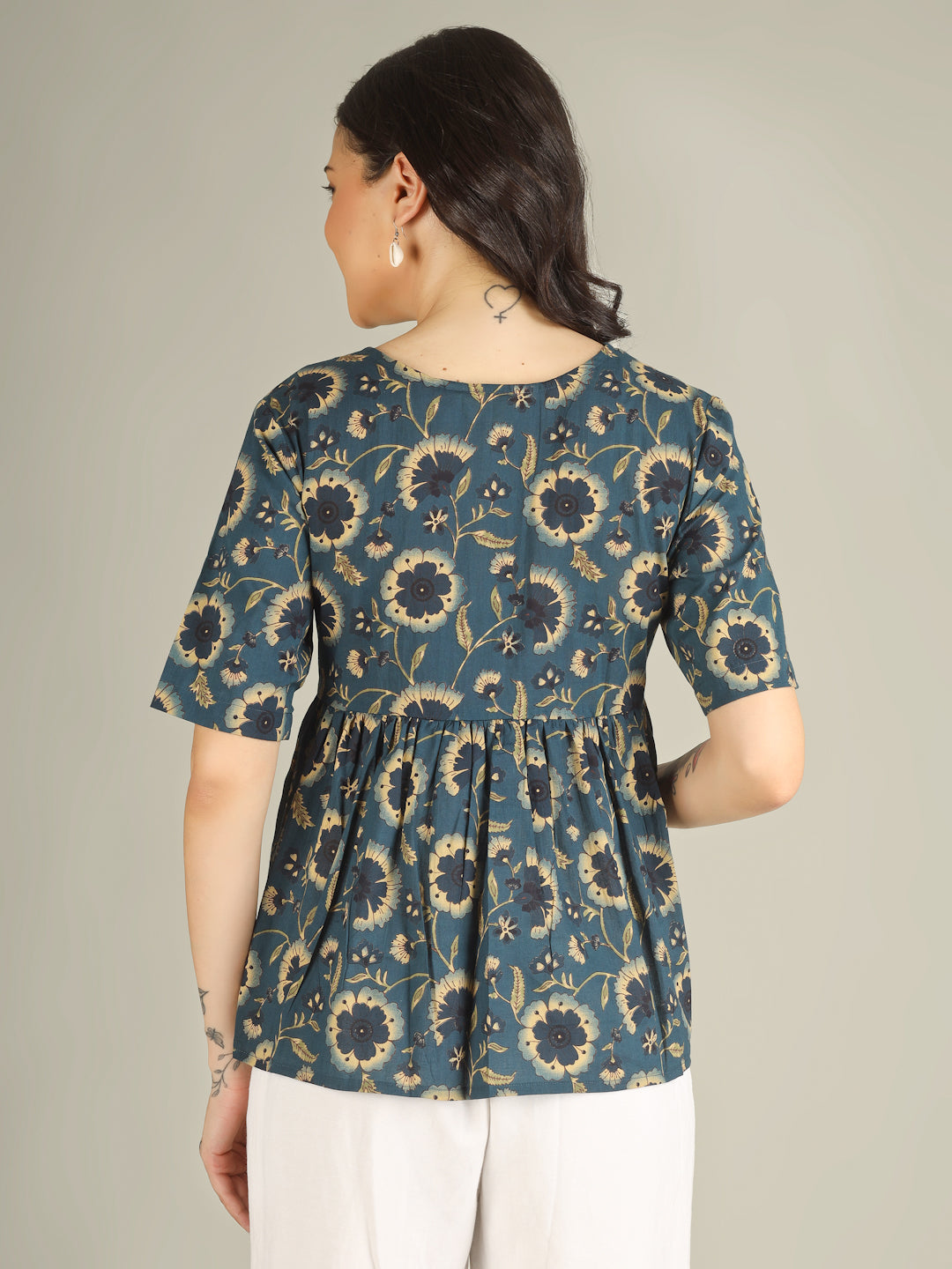 Teal Blue Printed Half-Sleeve Alia-Cut Cotton Top