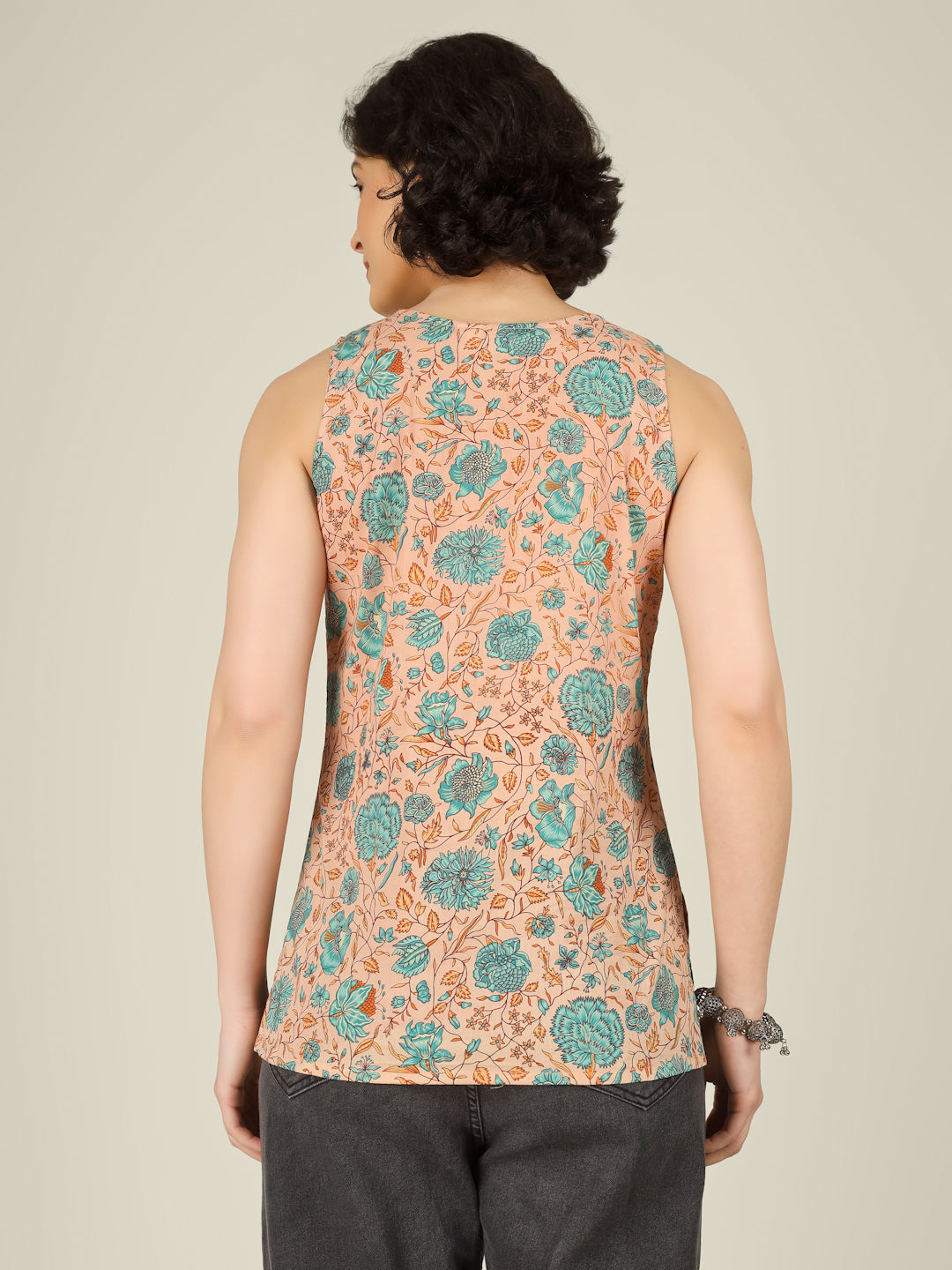 Peach Printed Round Neck Sleeveless Cotton Top