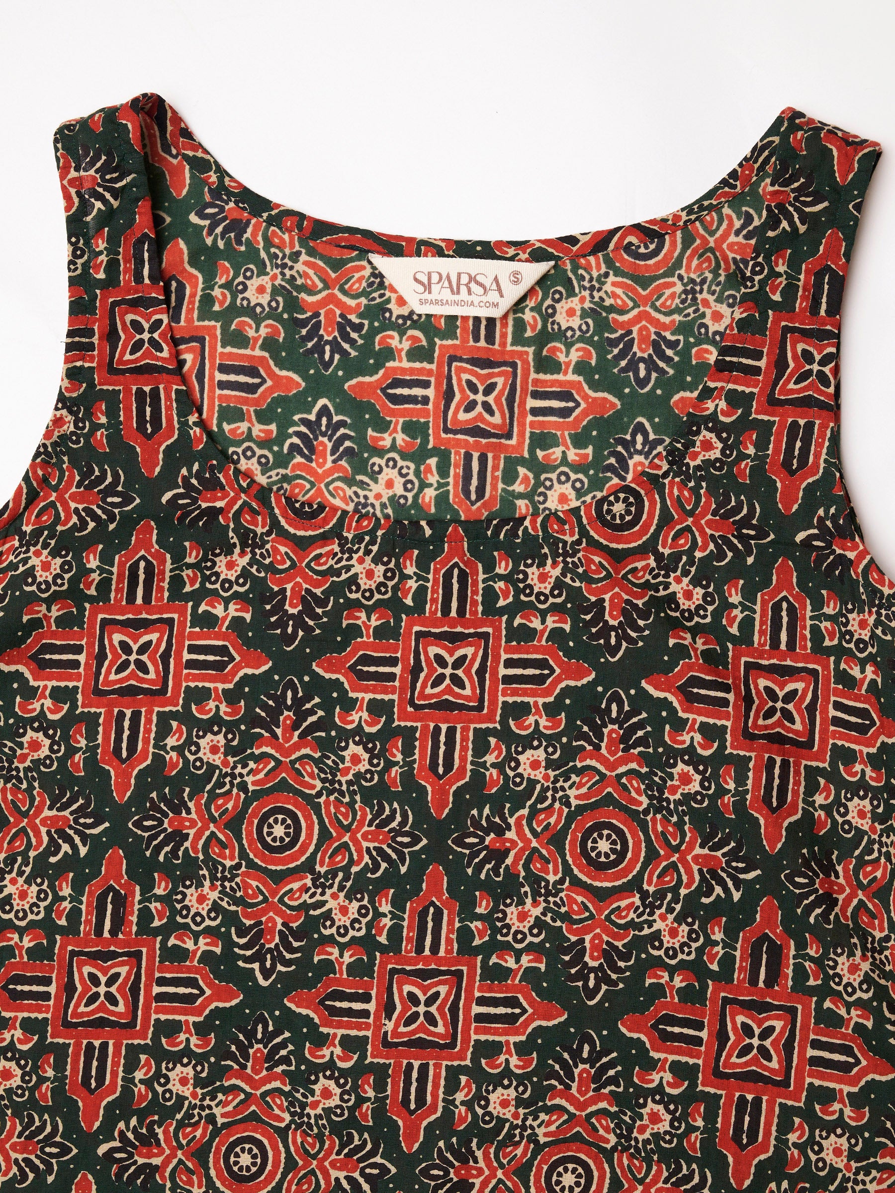 Dark Green Printed Sleeveless Cotton Top