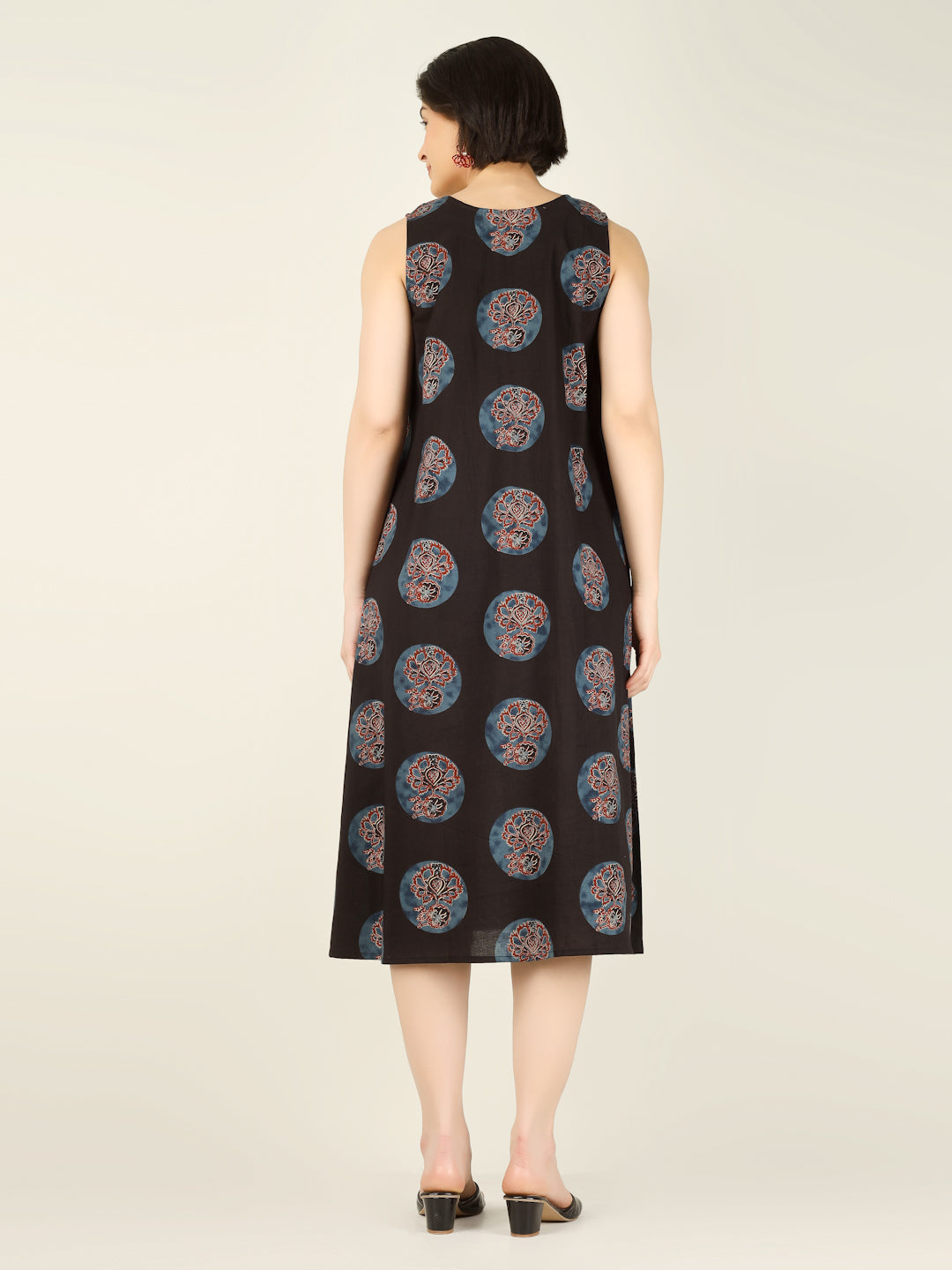 Black Printed Sleeveless V-Neck A-Line Cotton Dress