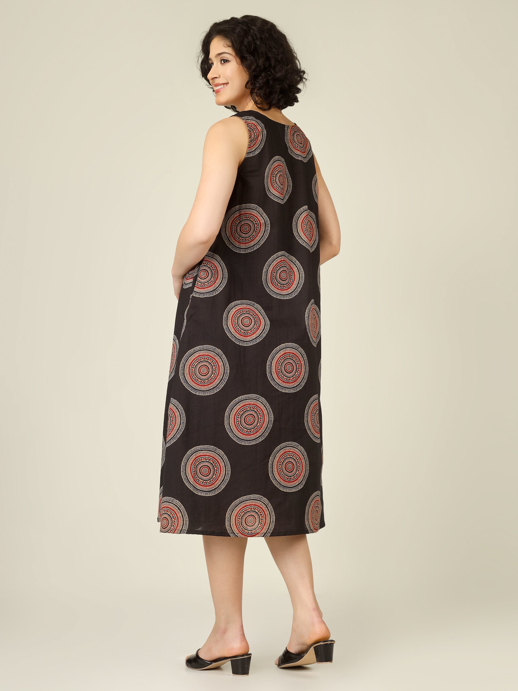 Black Printed V-Neck Sleeveless A-Line Cotton Dress
