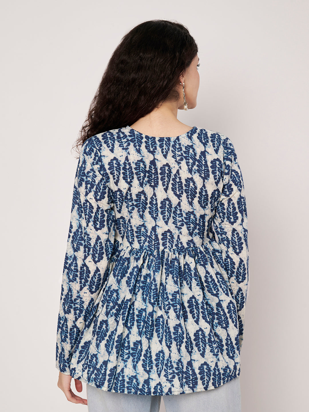White & Blue Printed Alia-Cut Cotton Top