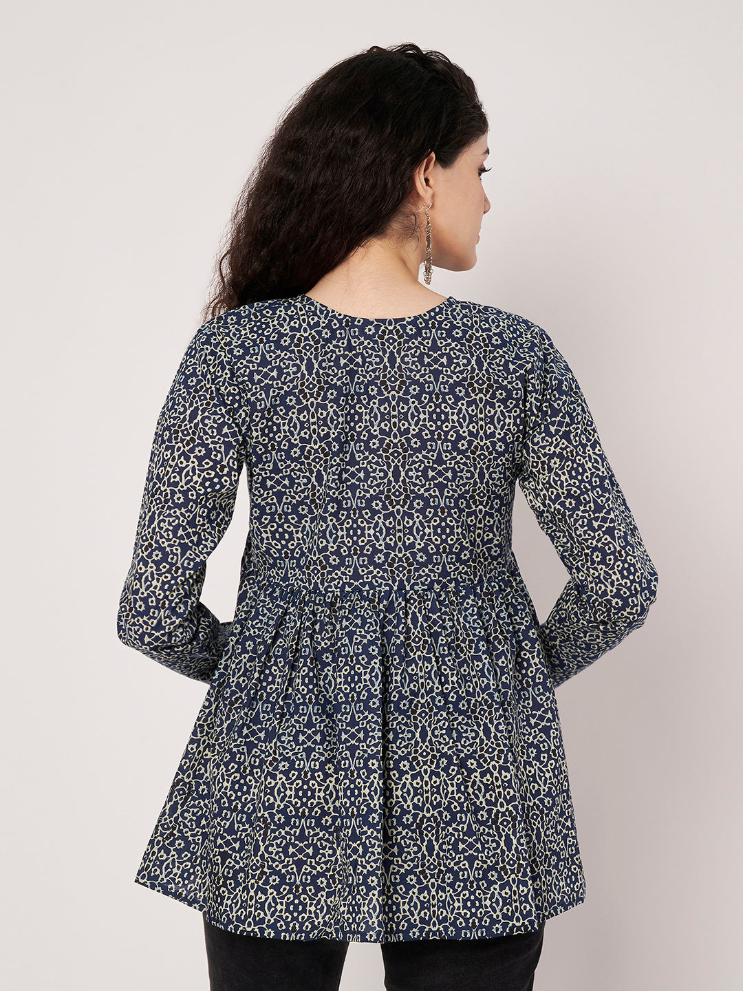 Dark Blue Printed Alia-Cut Cotton Top