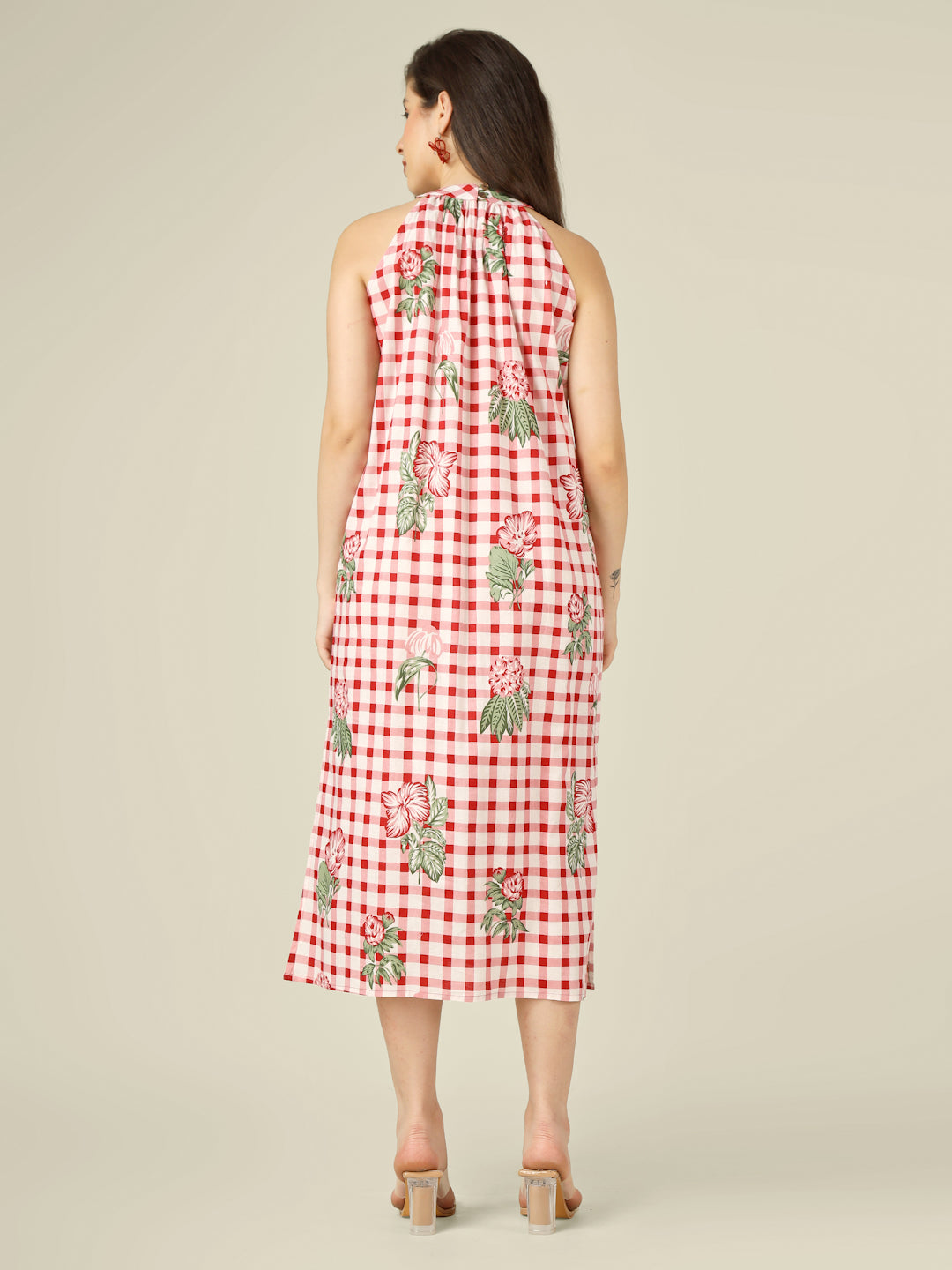White Checked Halter Neck Long Sleeveless Cotton Dress