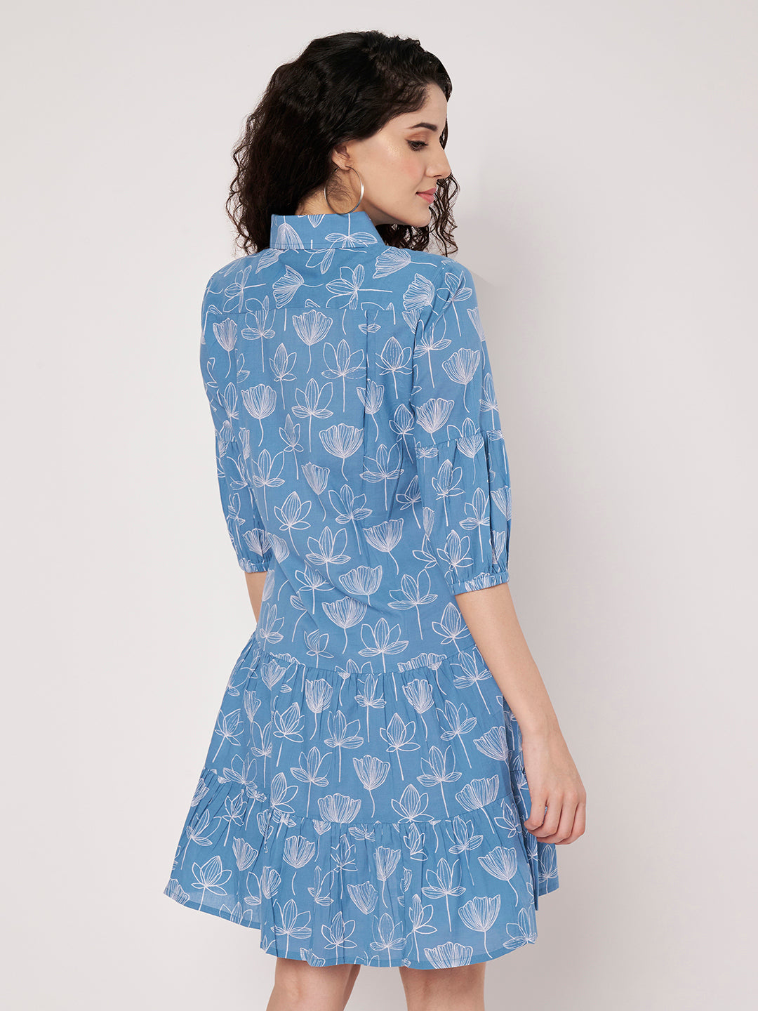 Sky Blue Printed Short Cotton Dress