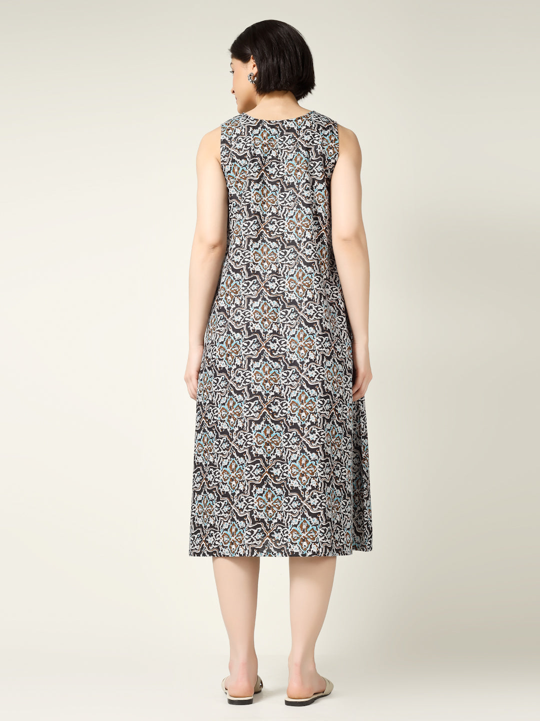 Black Printed Sleeveless V-Neck A-Line Cotton Dress