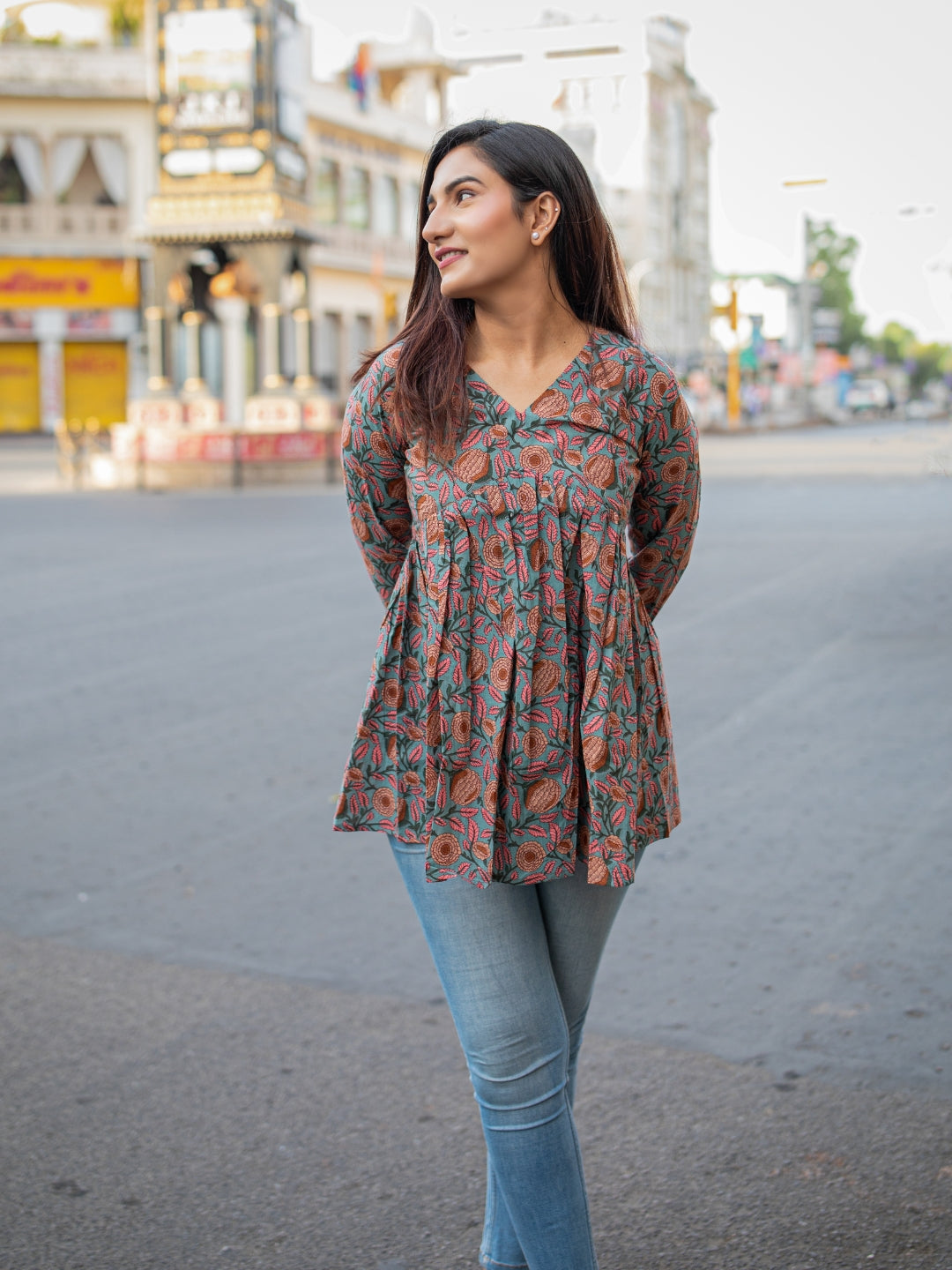 Greenish Grey Printed Full Sleeves Alia Cut Cotton Top