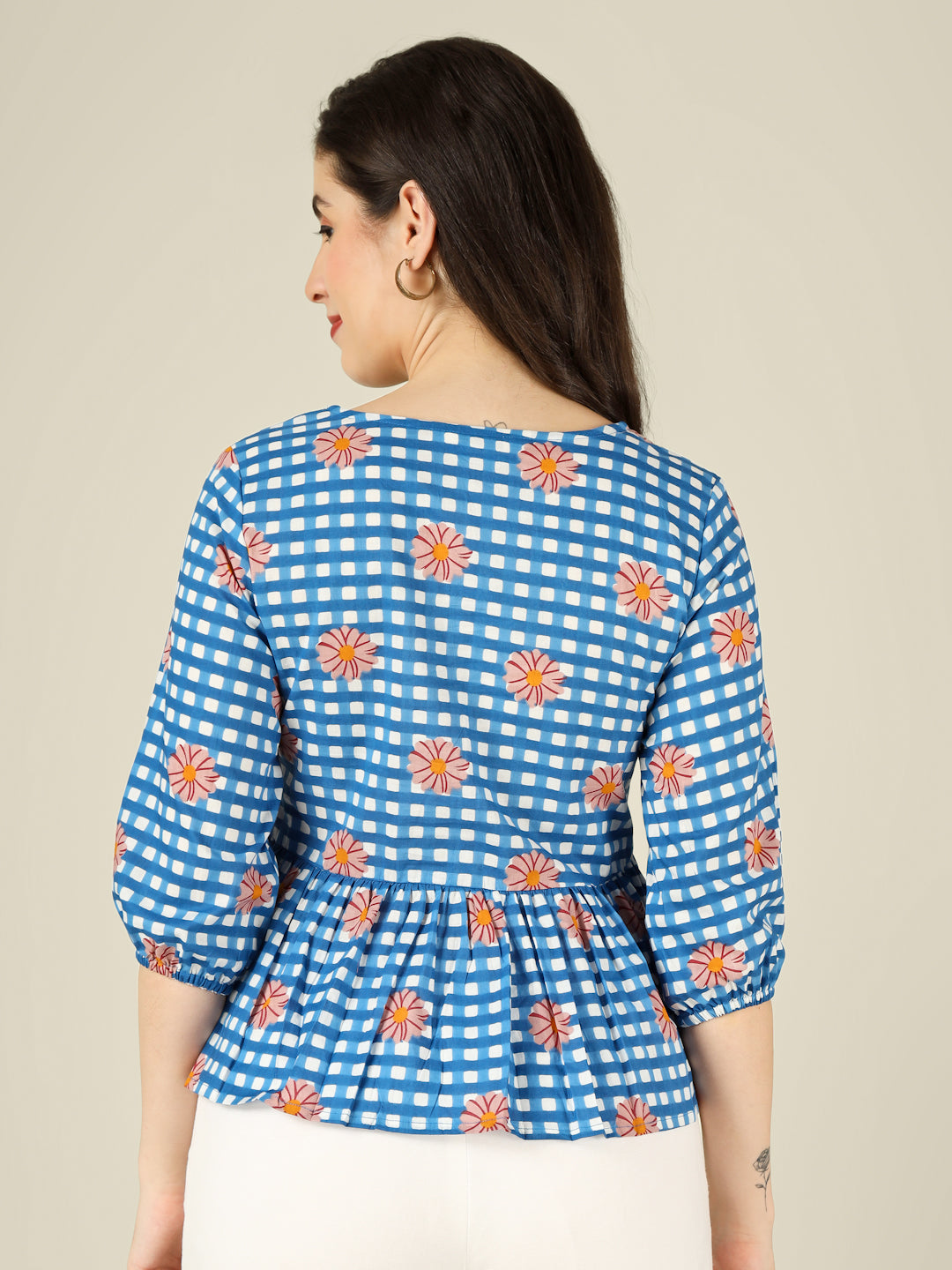 Blue Checked Cotton Peplum Top