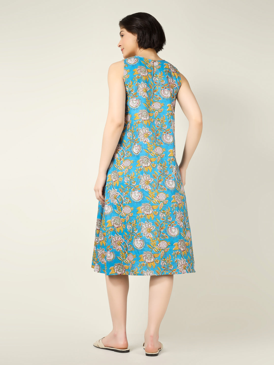 Sky Blue Printed Sleeveless A-Line Cotton Dress