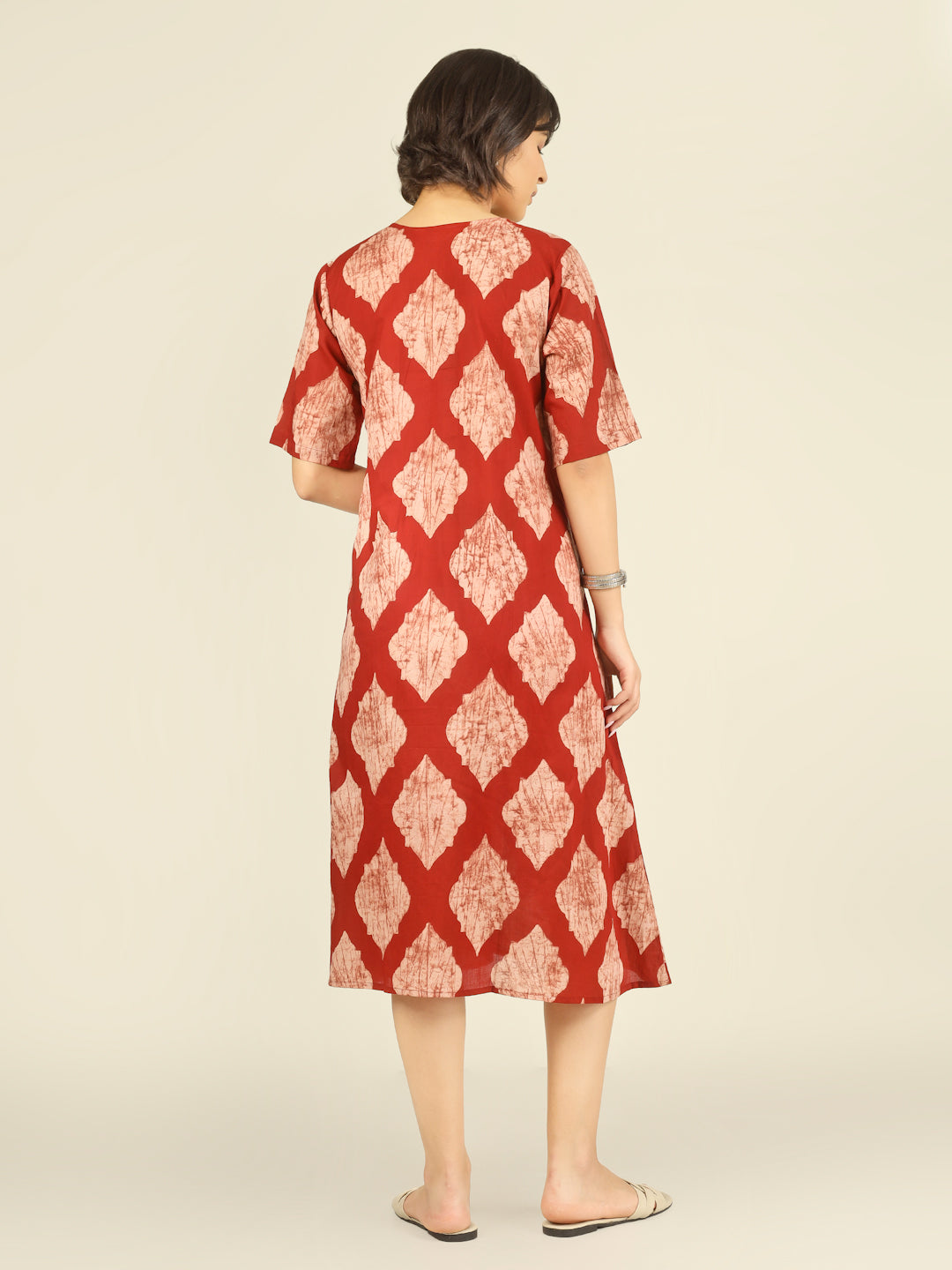 Red Printed Half-Sleeve A-Line Cotton Dress