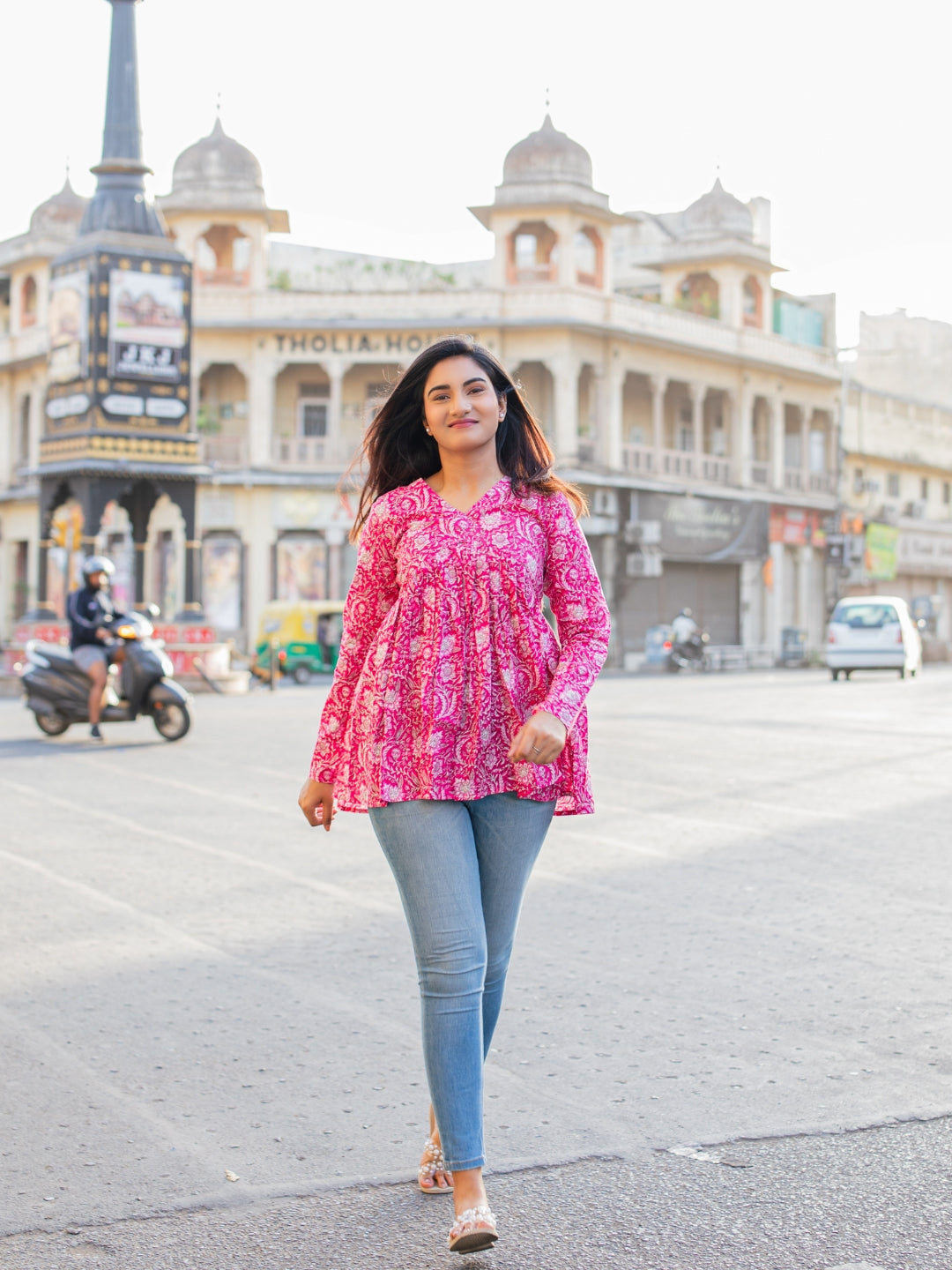 Pink Printed Full Sleeves Alia Cut Cotton Top
