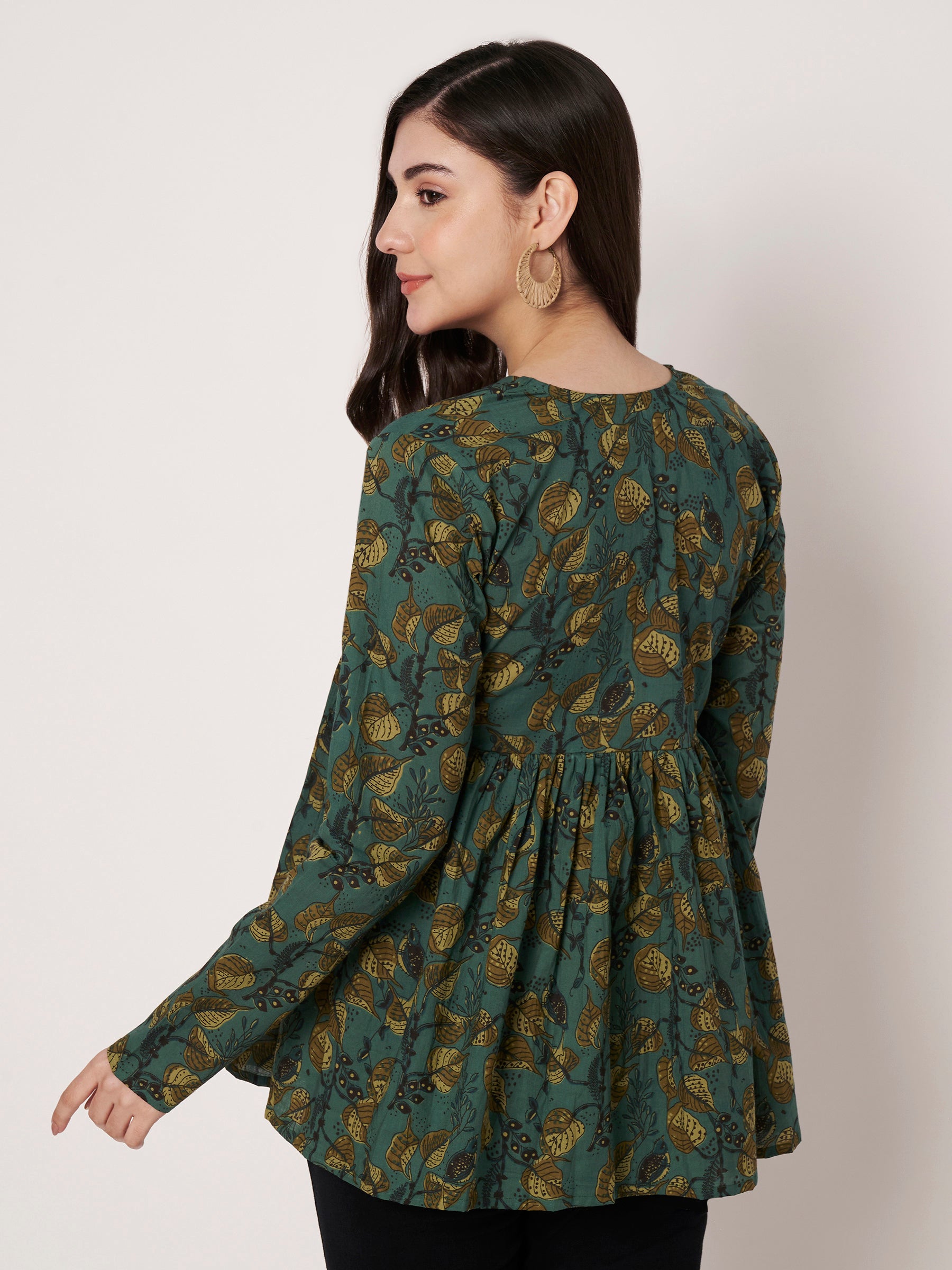 Green Printed Alia-Cut Cotton Top