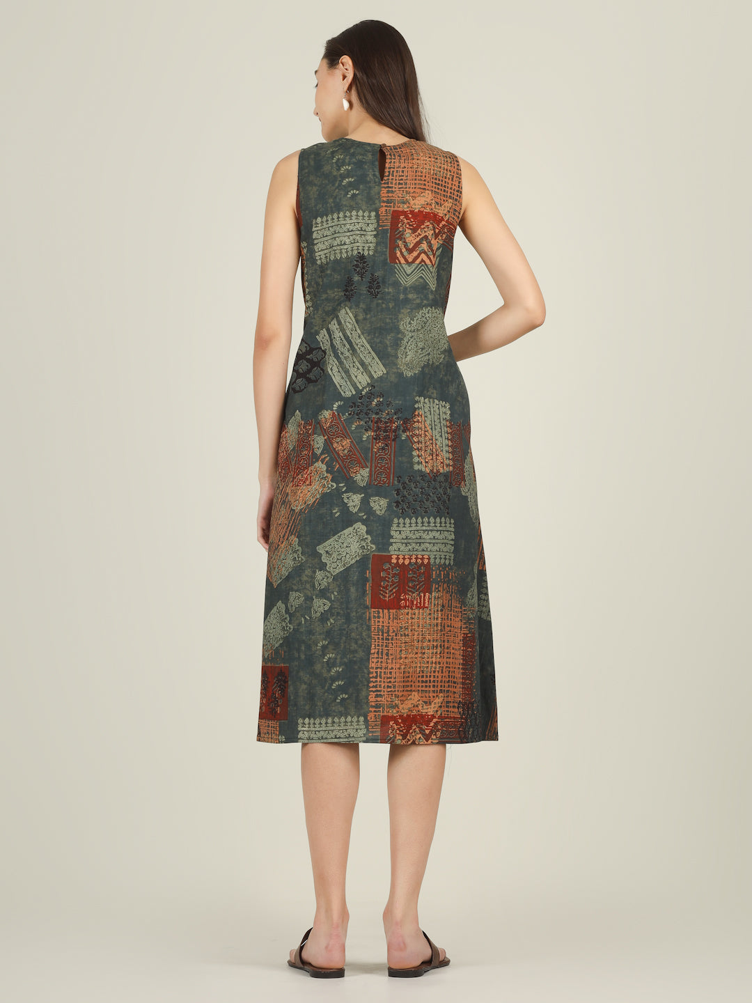 Green Printed Sleeveless A-Line Cotton Dress