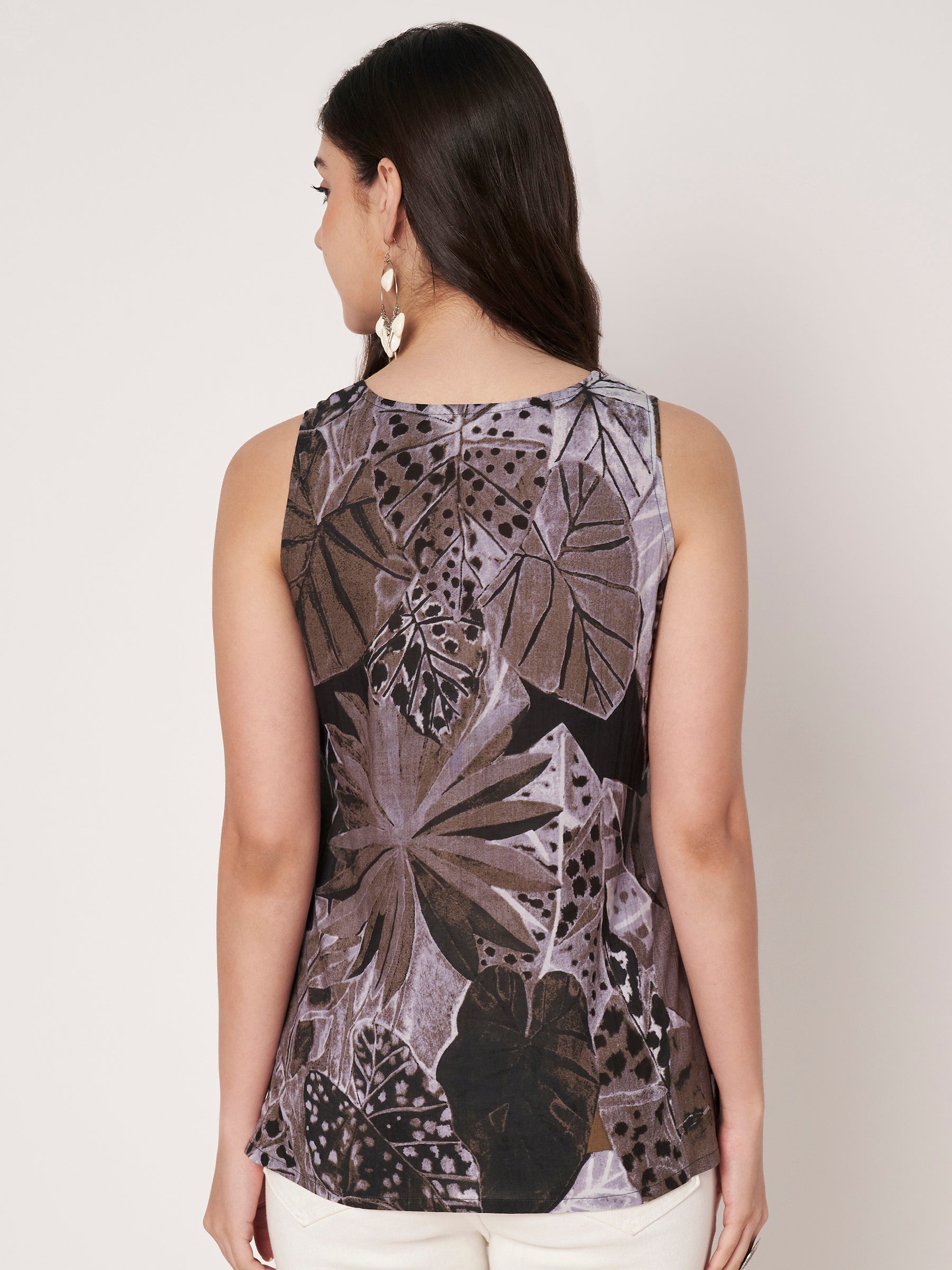 Grey Printed Sleeveless V-Neck Cotton Top