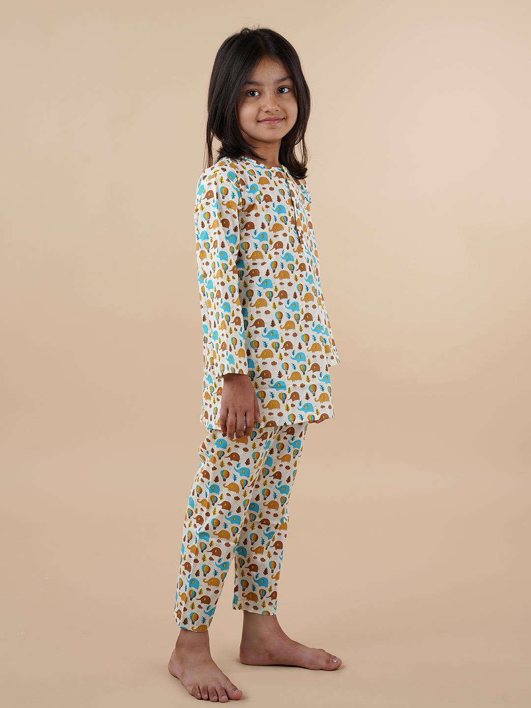Blue and Brown Elephant Print Kids Cotton Kurta Pyjama Set