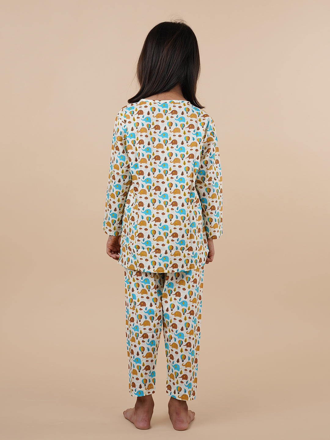 Blue and Brown Elephant Print Kids Cotton Kurta Pyjama Set