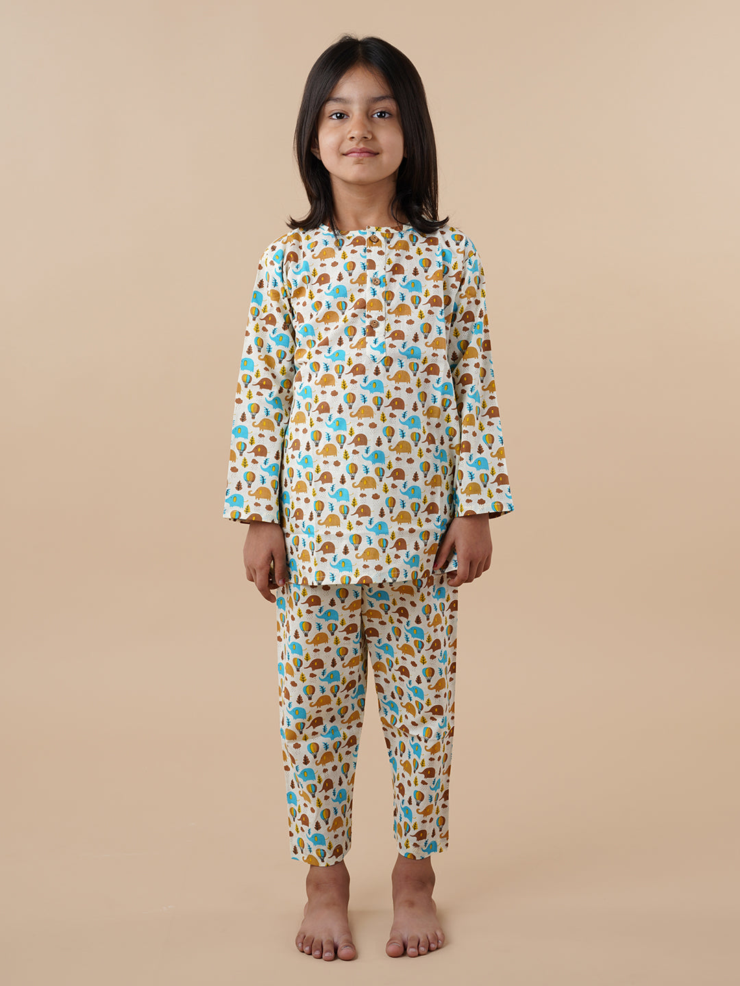 Blue and Brown Elephant Print Kids Cotton Kurta Pyjama Set