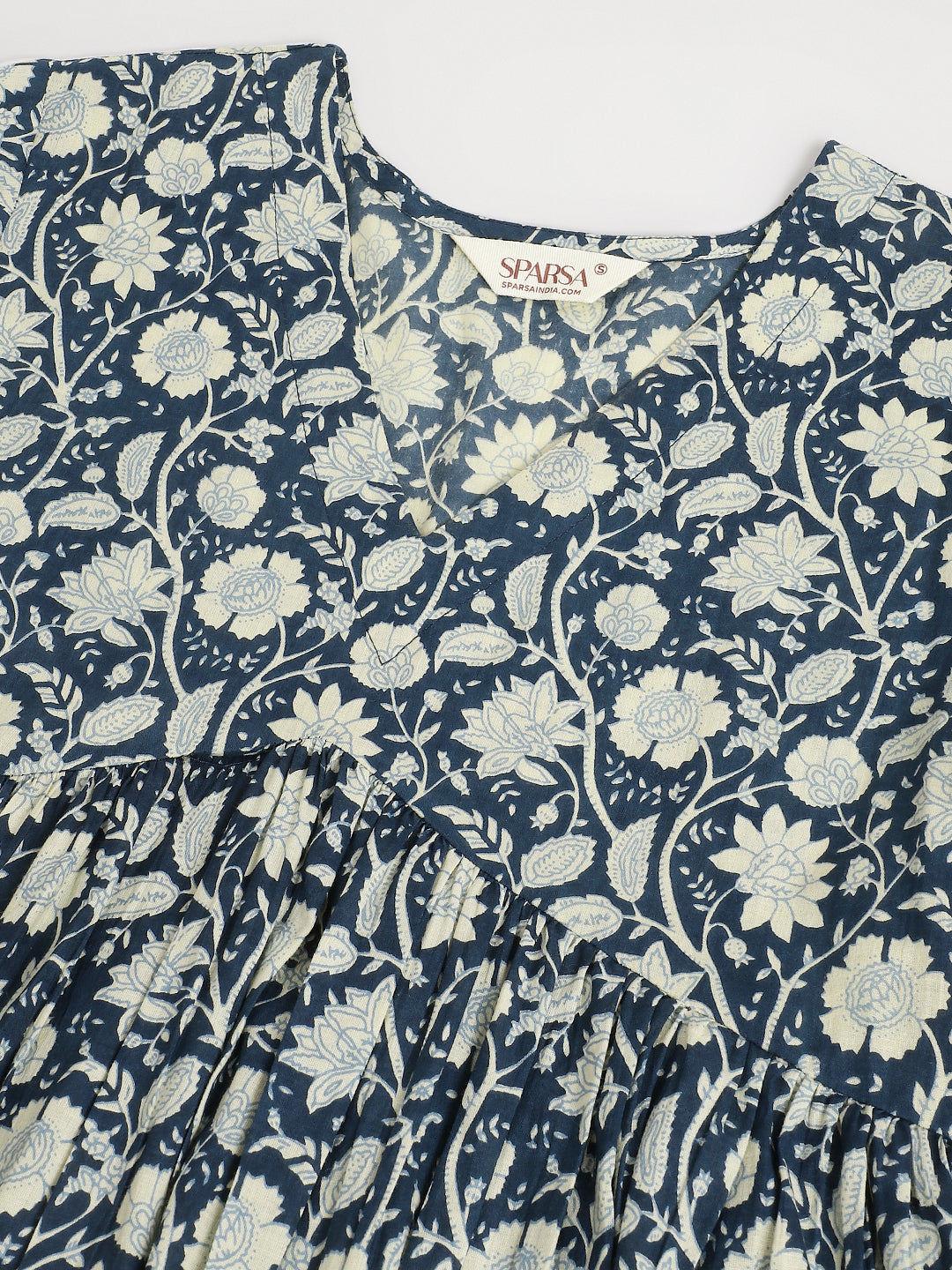 Blue Printed Full Sleeves Alia Cut Cotton Top