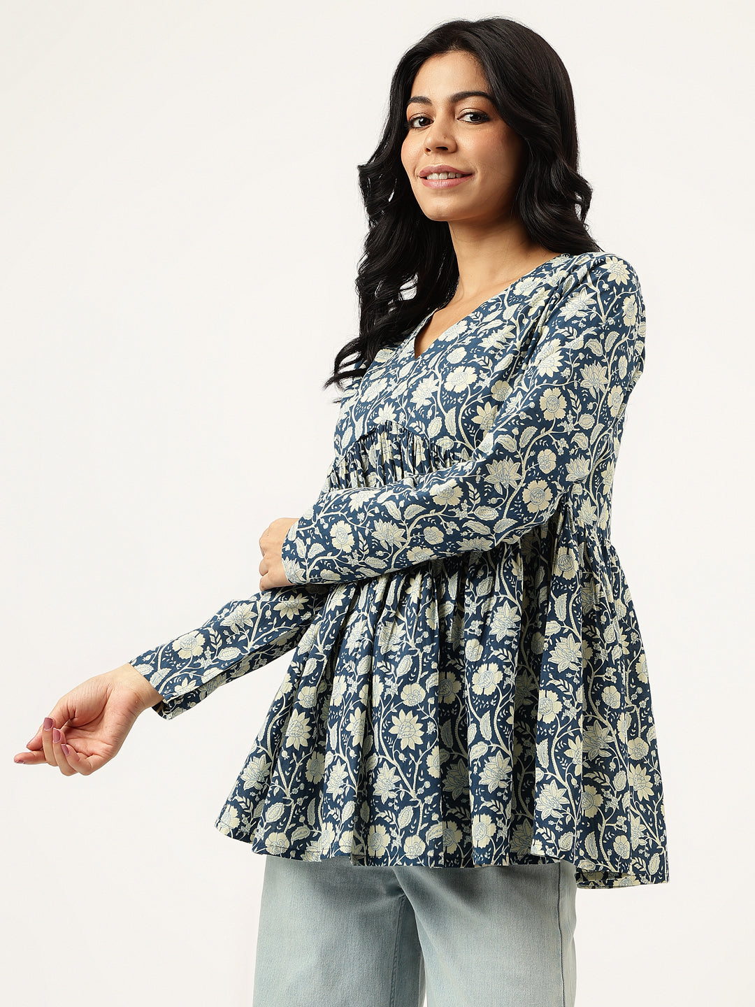 Blue Printed Full Sleeves Alia Cut Cotton Top