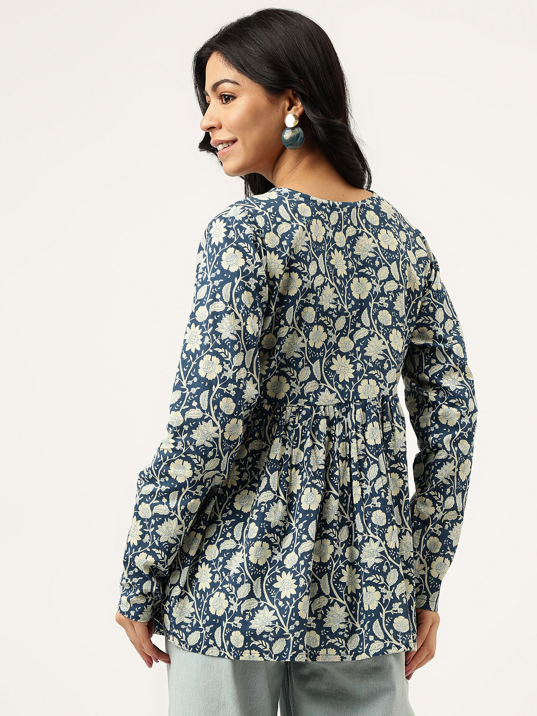 Blue Printed Full Sleeves Alia Cut Cotton Top
