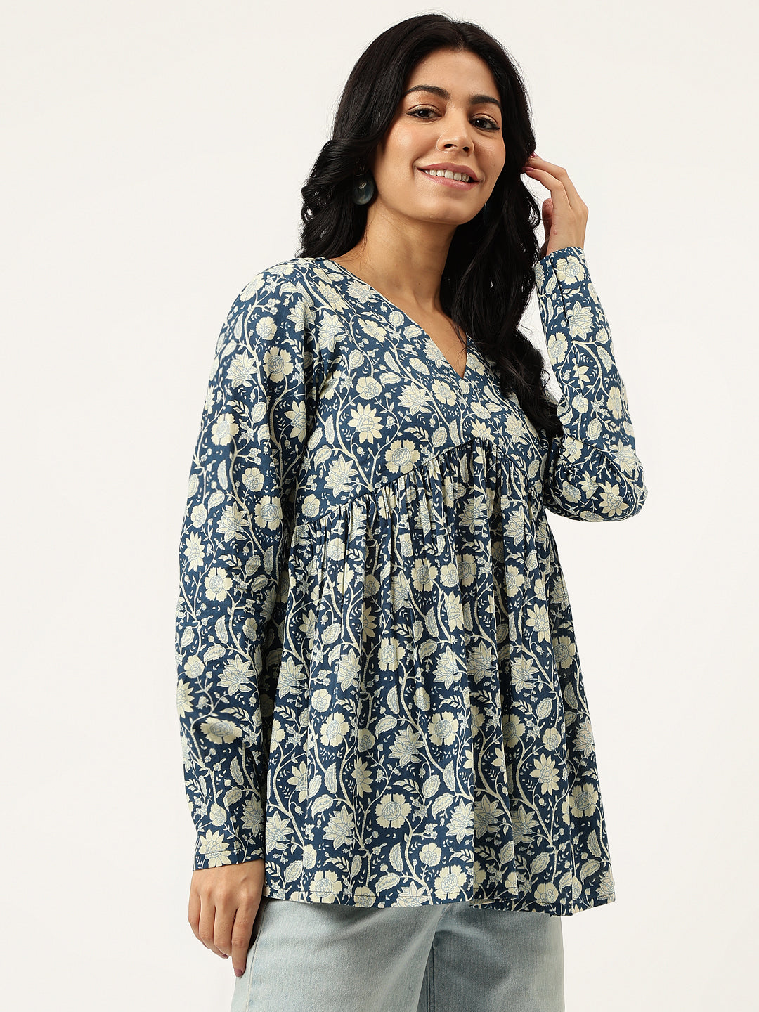 Blue Printed Full Sleeves Alia Cut Cotton Top