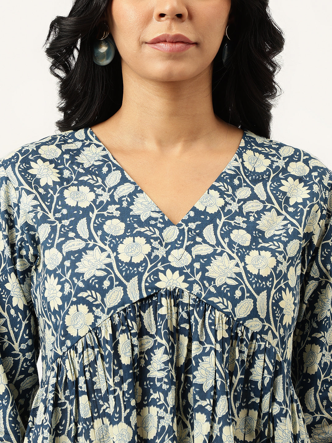 Blue Printed Full Sleeves Alia Cut Cotton Top