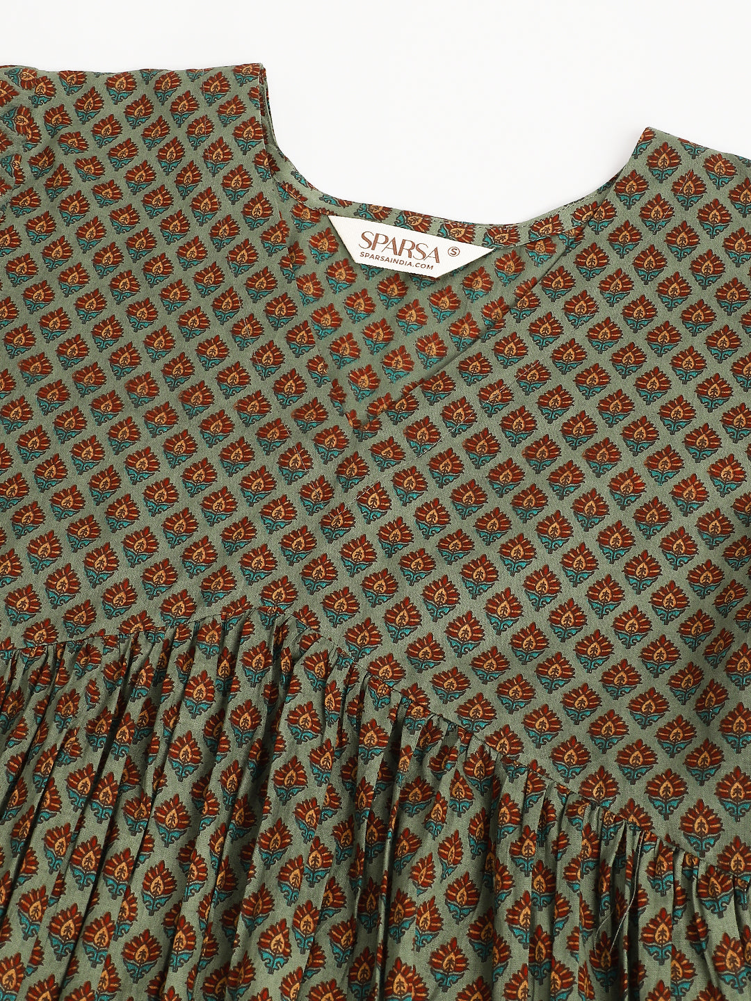 Green Printed Full Sleeves Alia Cut Cotton Top