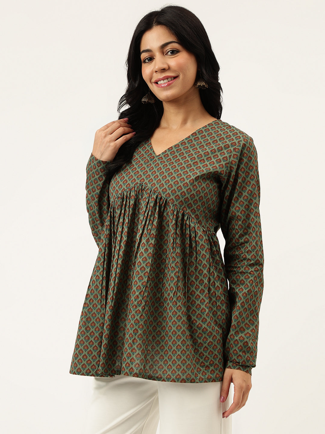 Green Printed Full Sleeves Alia Cut Cotton Top