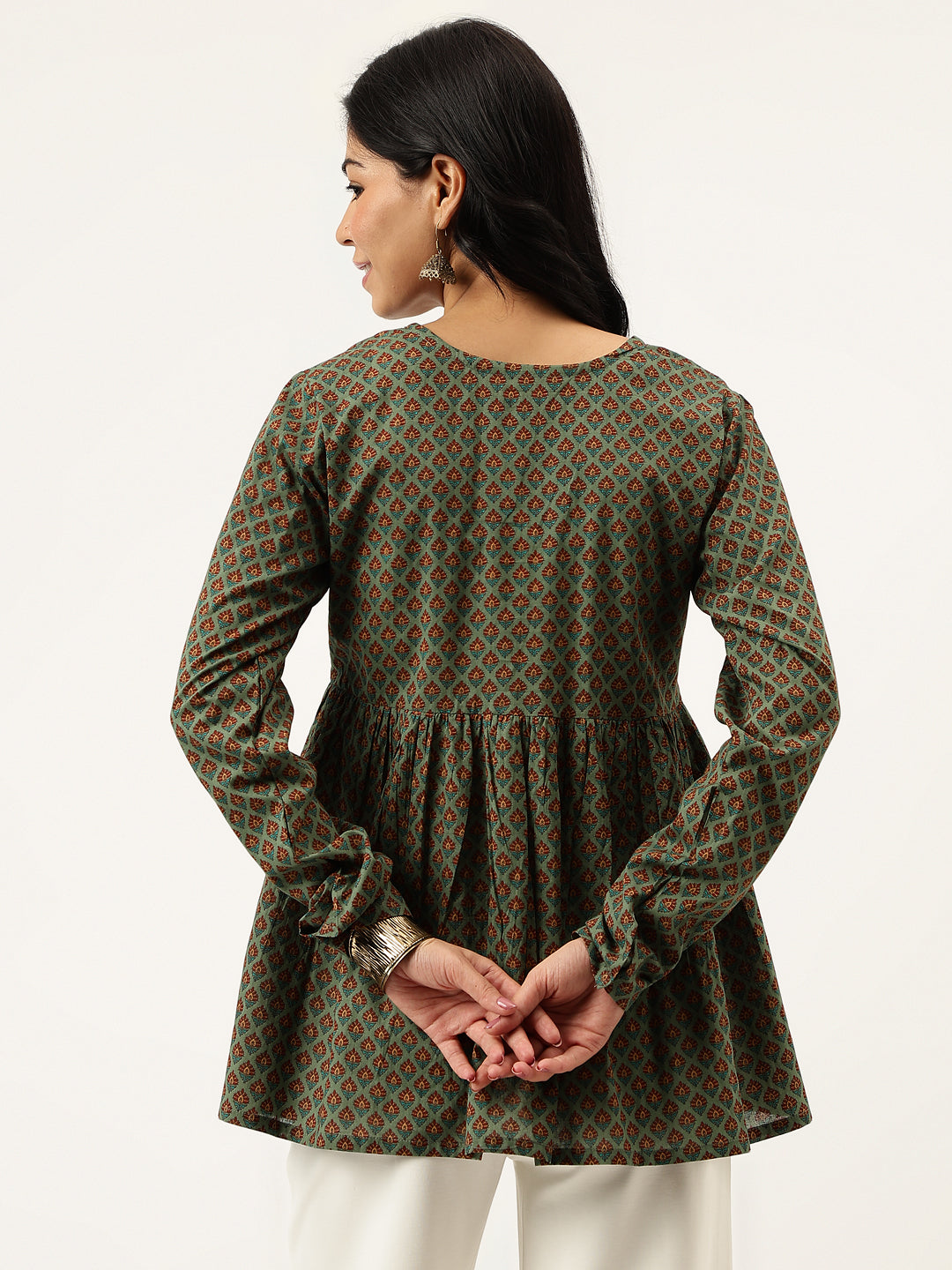 Green Printed Full Sleeves Alia Cut Cotton Top