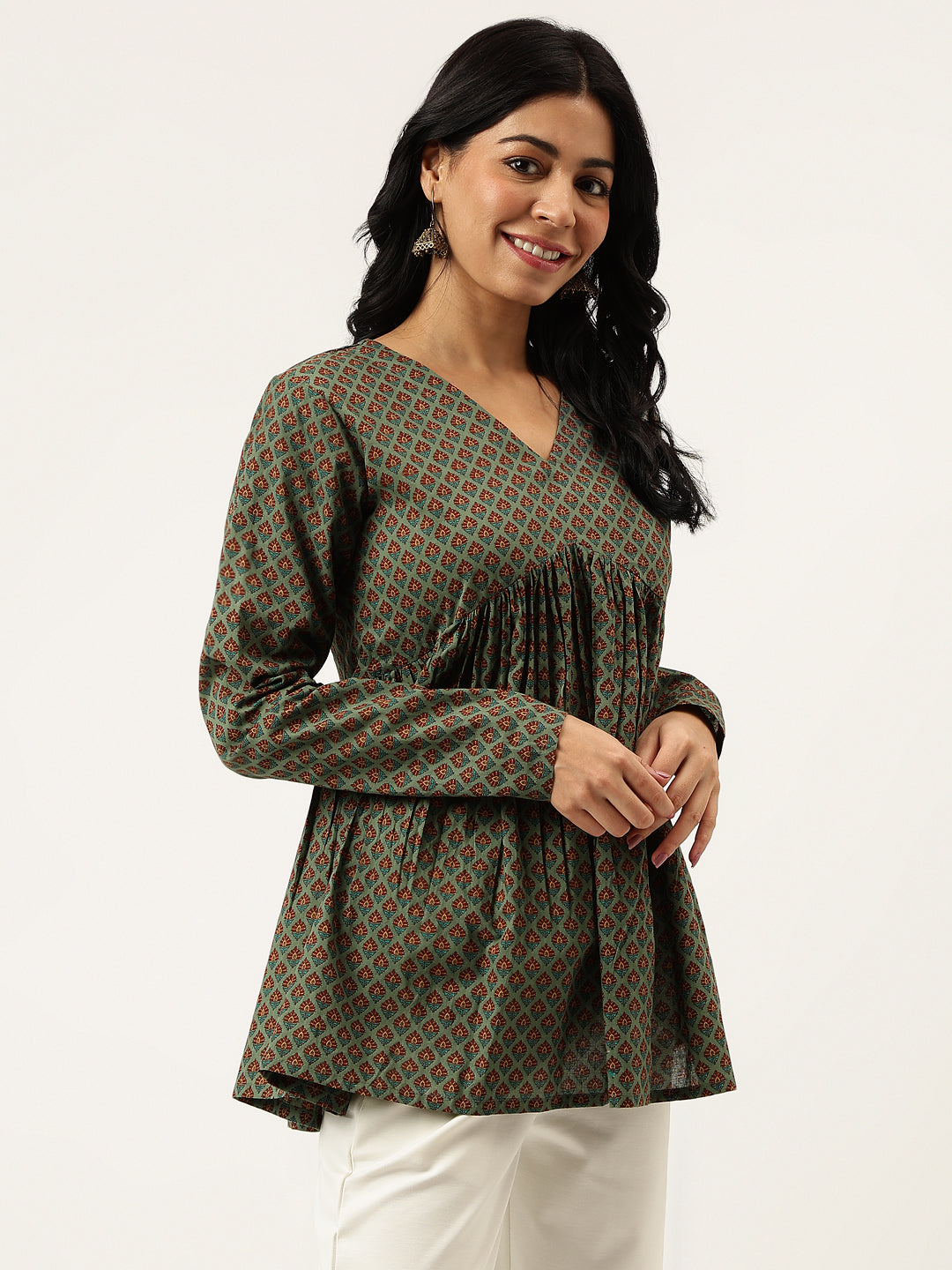 Green Printed Full Sleeves Alia Cut Cotton Top