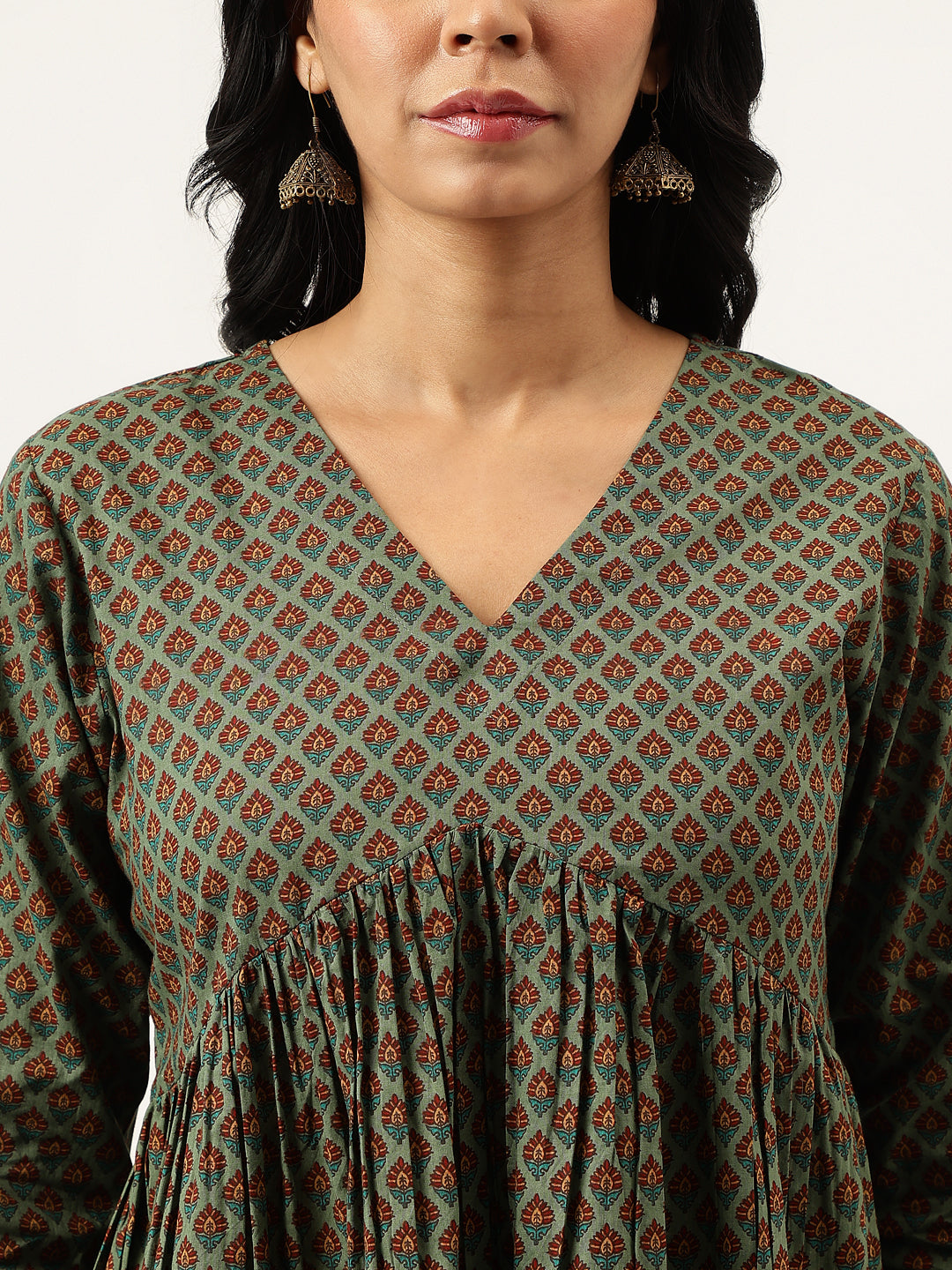 Green Printed Full Sleeves Alia Cut Cotton Top