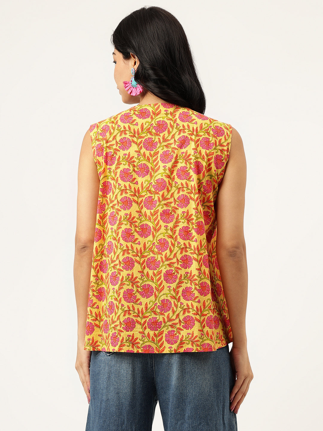 Yellow Printed Sleeveless Cotton Top