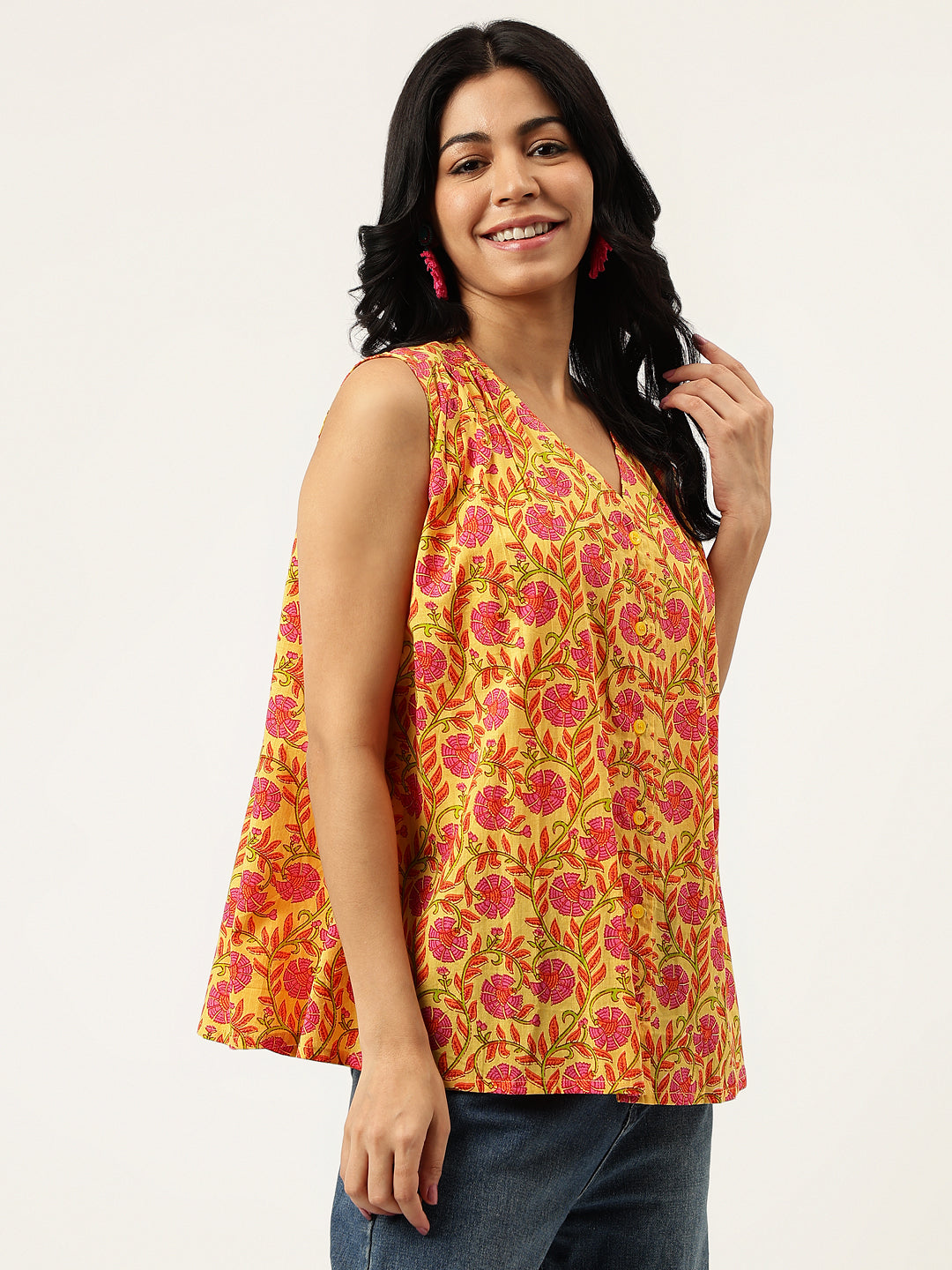 Yellow Printed Sleeveless Cotton Top