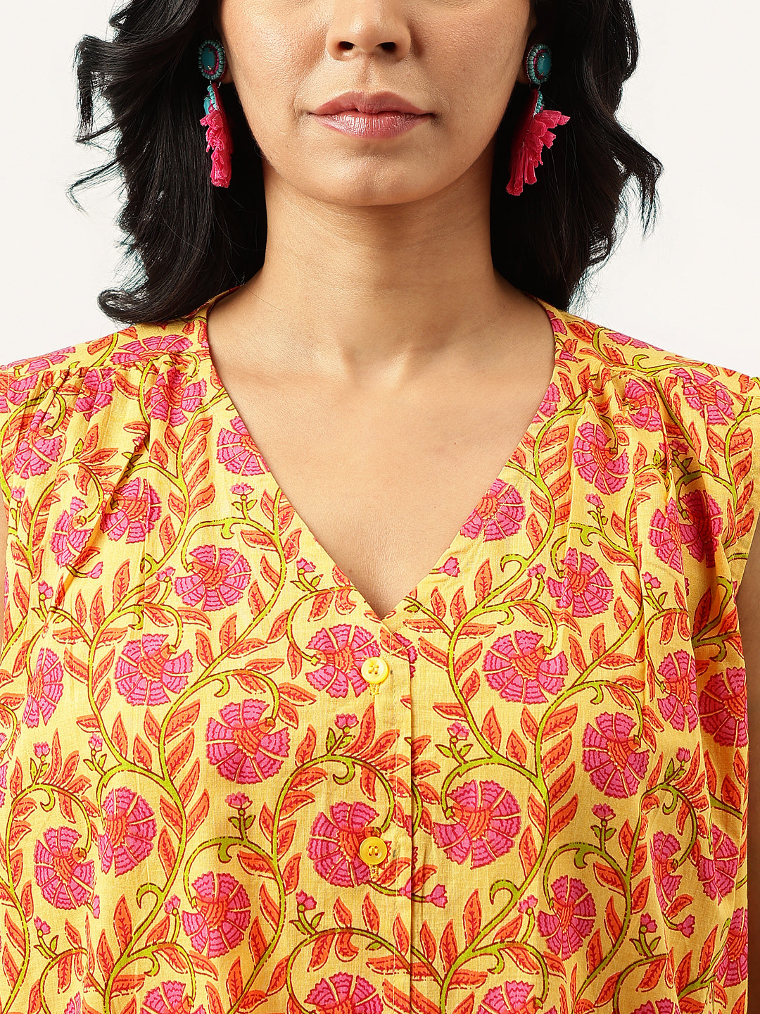 Yellow Printed Sleeveless Cotton Top