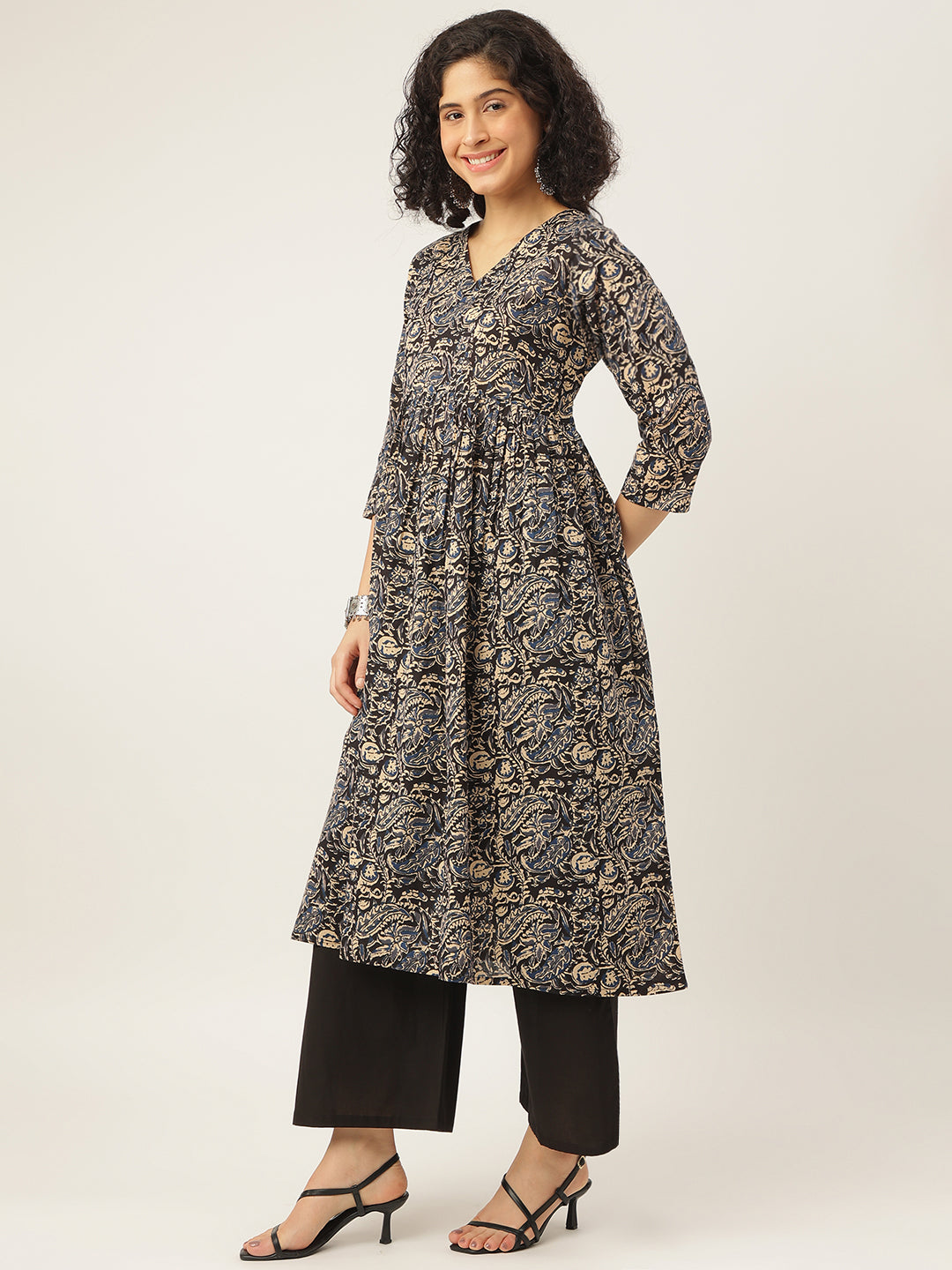 Black Kalamkari Printed Anarkali Cotton Kurta Set
