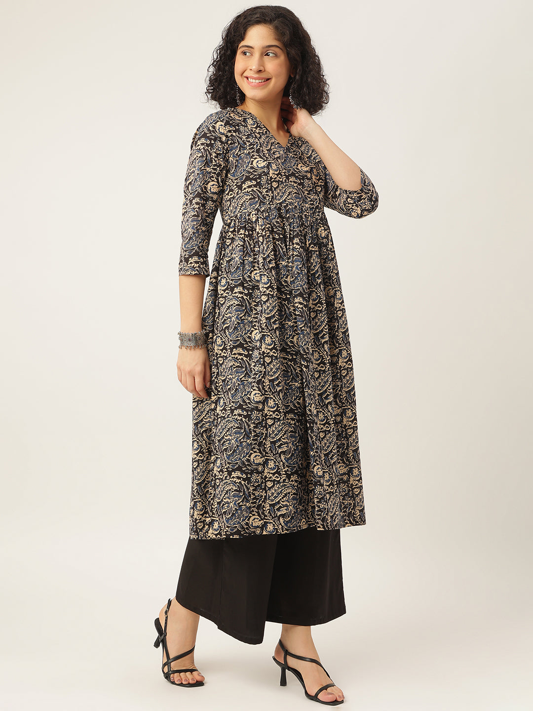 Black Kalamkari Printed Anarkali Cotton Kurta Set